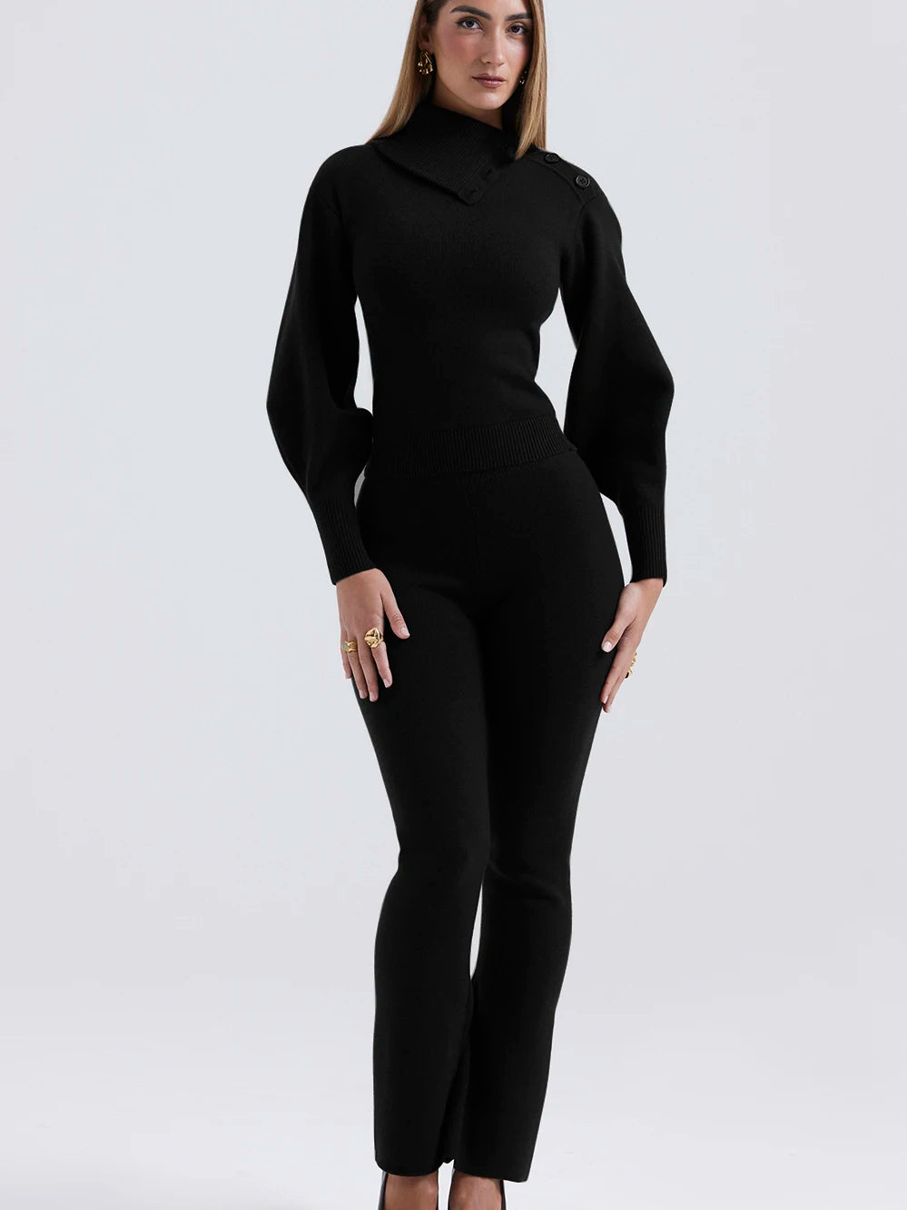 Women's Autumn Winter Fashion Sweater Set - Polo Neck Long Sleeve Top & Slim Elastic Pants 2 Piece Outfit for Casual Streetwear & Office Wear