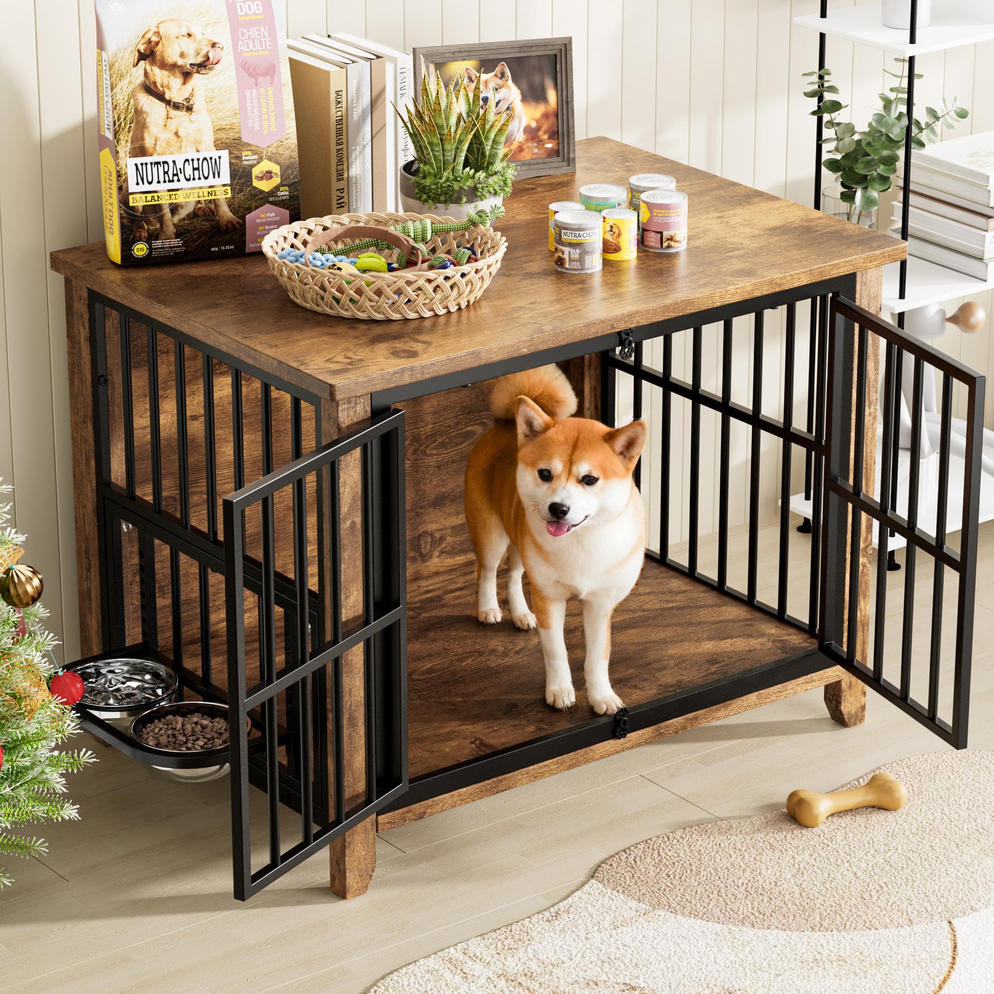 Lulive Wooden Dog Crate Furniture - Indoor Dog Kennel with Adjustable 360° Height Bowls, Double Doors End Table for Small/Medium Dogs (31.5