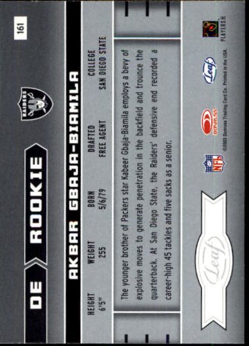2003 Leaf Rookies and Stars #161 Akbar Gbaja-Biamila Rookie Card - Rare Football Collectible for Sports Memorabilia Fans & Card Collectors - Perfect for Display, Trading, and Investment