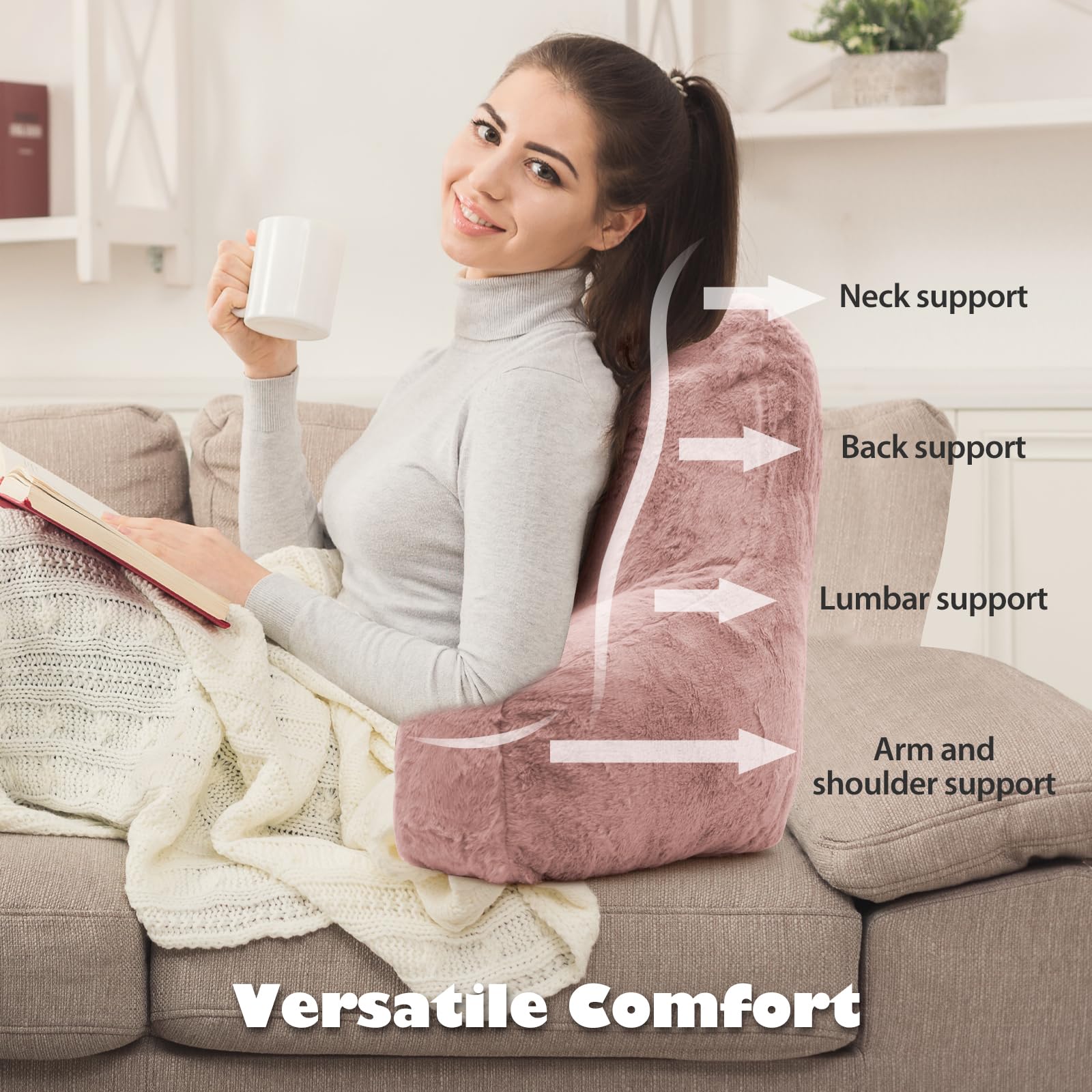 **Memory Foam Reading Pillow for Adults - Standard Back Support Cushion with Extend Arms for Sitting Up in Bed, Sofa & Floor (Pink) - Perfect for Reading, Watching TV, Relaxing & Nursing**