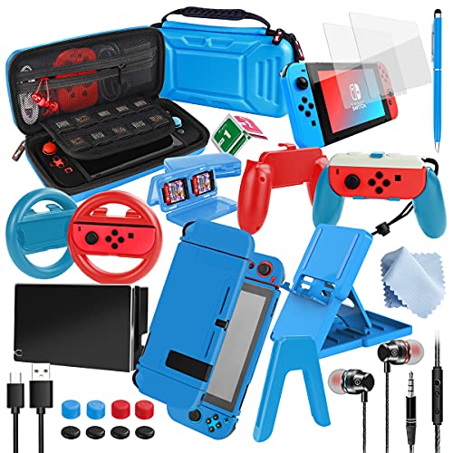 HIGOPLAY 26-in-1 Nintendo Switch Accessories Bundle - Protective Carry Case, TPU Cover, Tempered Glass Screen Protector, Joycon Grips, Steering Wheel, Game Card Holder & USB Charging Cable (Blue) - Perfect for Travel, Gaming Parties & Switch Protection