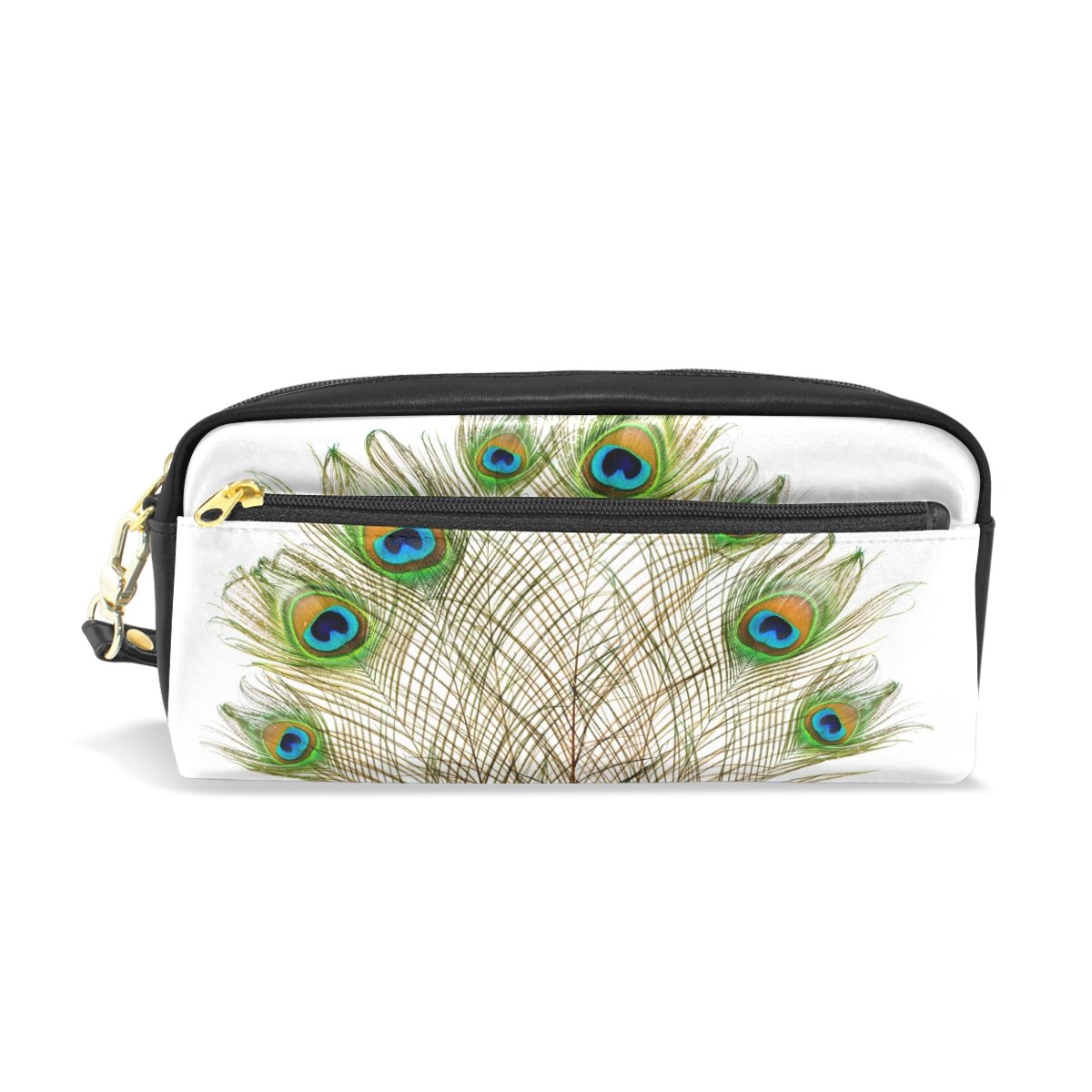 Peacock Feather Pattern PU Leather Makeup Bag for Women - Portable Cosmetic Organizer with Zipper, Multi-Functional Travel Toiletry Pouch for Cosmetics, Stationery, Phones & Electronics (White) - Perfect for Travel, Gifts & Daily Organization