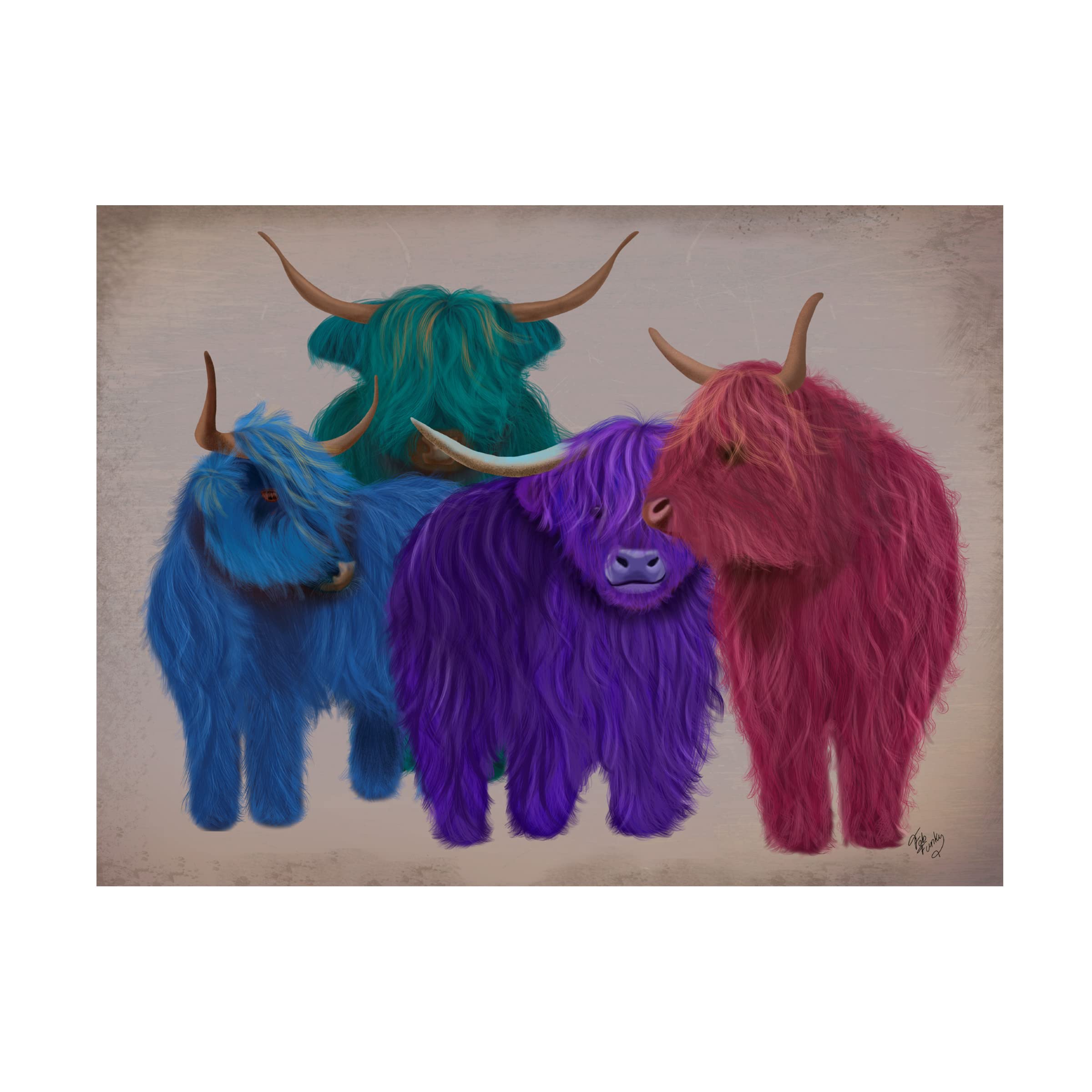 Fab Funky Highland Cows Multicolored Herd Canvas Wall Art Print - Modern Farmhouse Decor for Living Room, Bedroom & Office