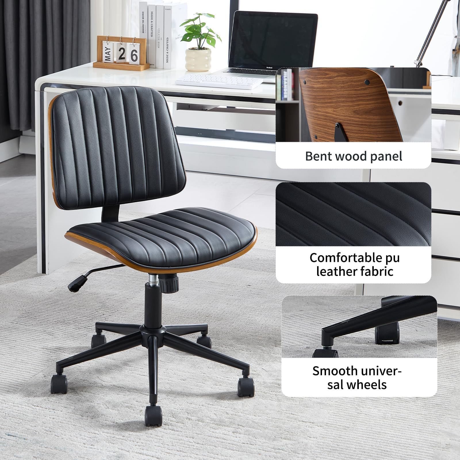 Ergonomic Small Home Office Chair - Armless Mid Back Desk Chair with 360° Swivel Wheels, PU Leather Upholstery & Height Adjustment - Modern Walnut Computer Chair for Home Office, Study Room or Conference Room - Black - Perfect for Remote Work, Online Meetings & Long Working Hours