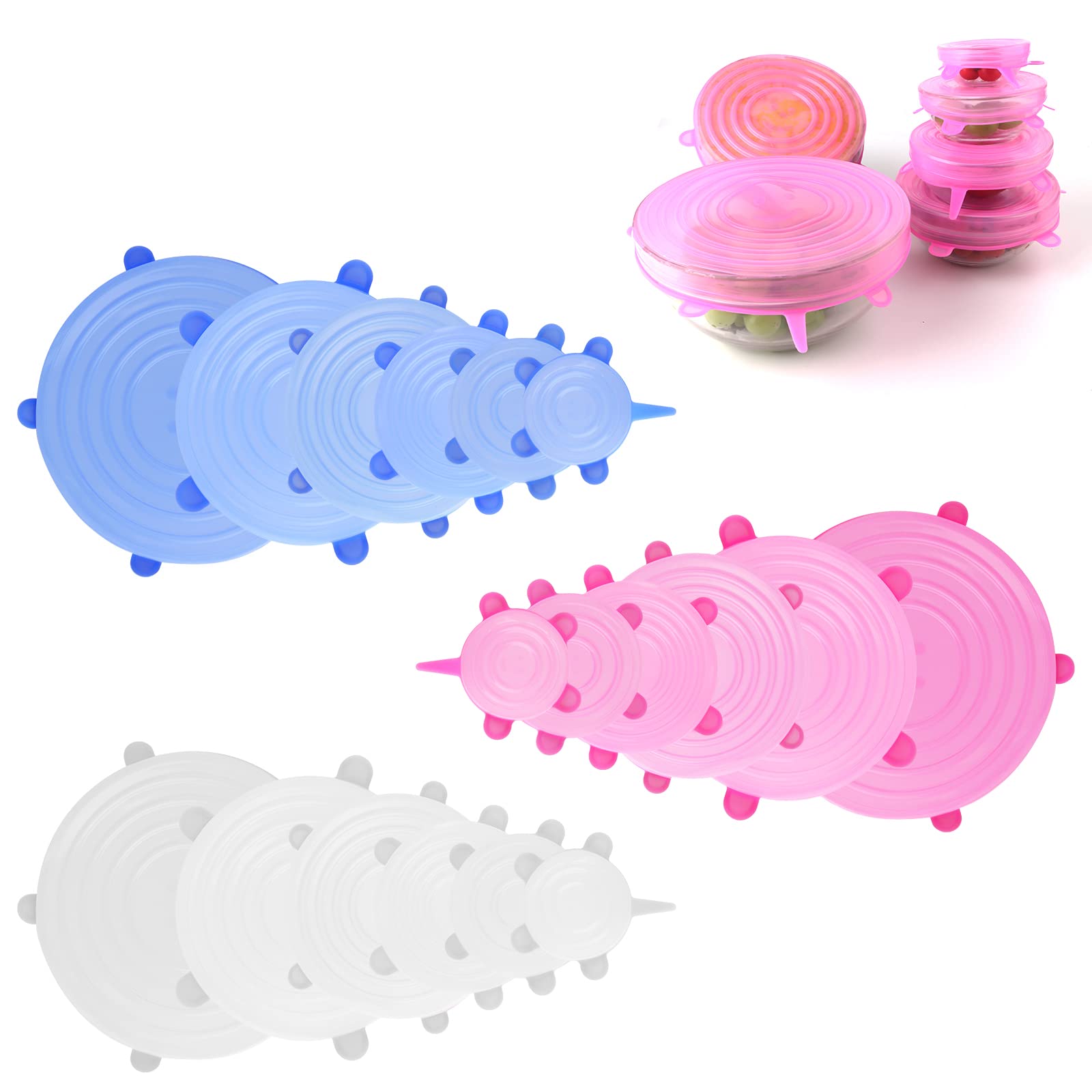 18-Piece Reusable Silicone Stretch Lids Set - 6 Sizes Food Storage Bowl Covers for Freezer & Microwave Safe - BPA-Free Elastic Silicone Lids (Transparent, Pink, Blue) - Perfect for Meal Prep, Leftovers & Kitchen Organization