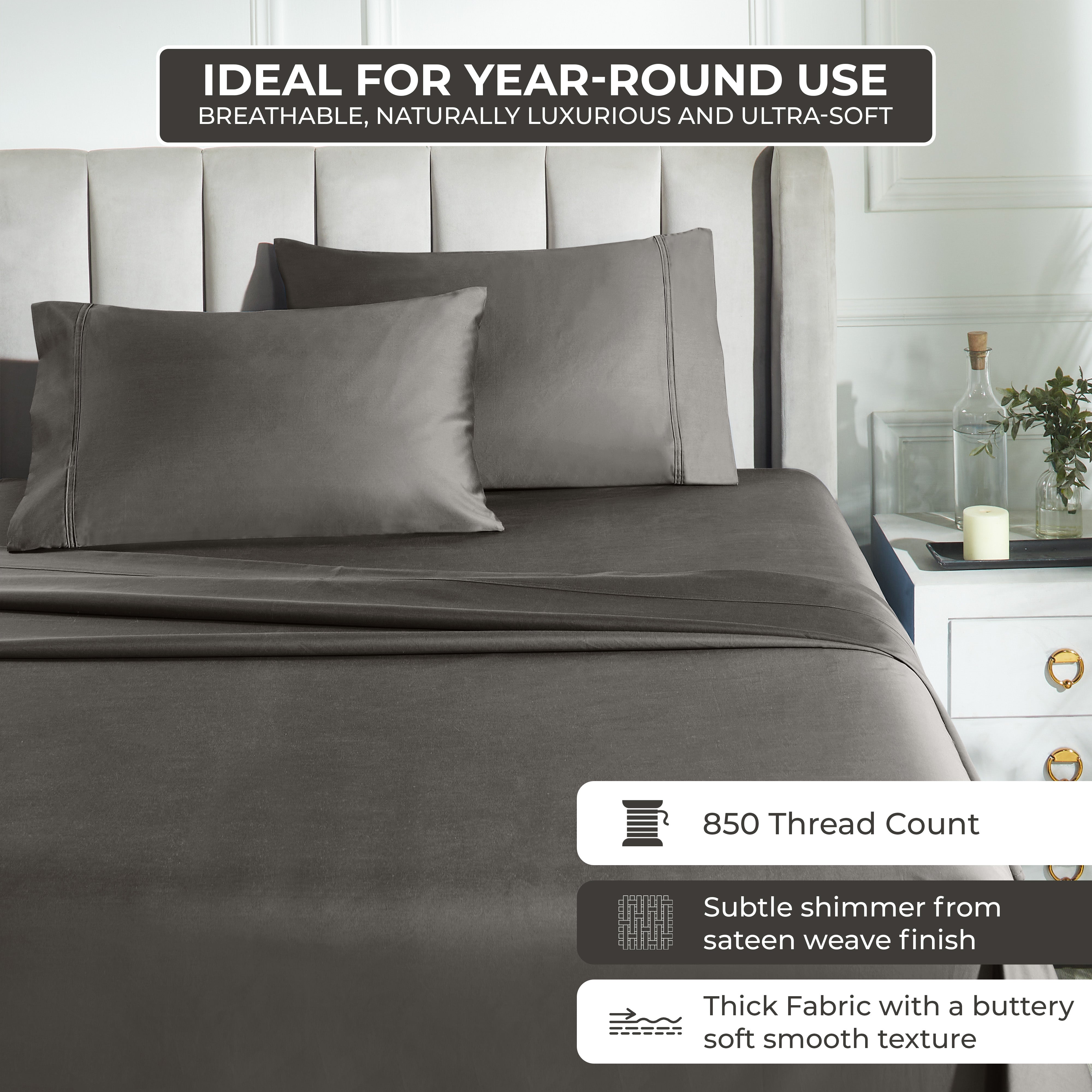 Premium 850 Thread Count 100% Cotton Solid Color Bed Sheet Set - Ultra Soft & Breathable for Comfortable Sleep - Perfect for Master Bedroom, Guest Room & Luxury Hotels