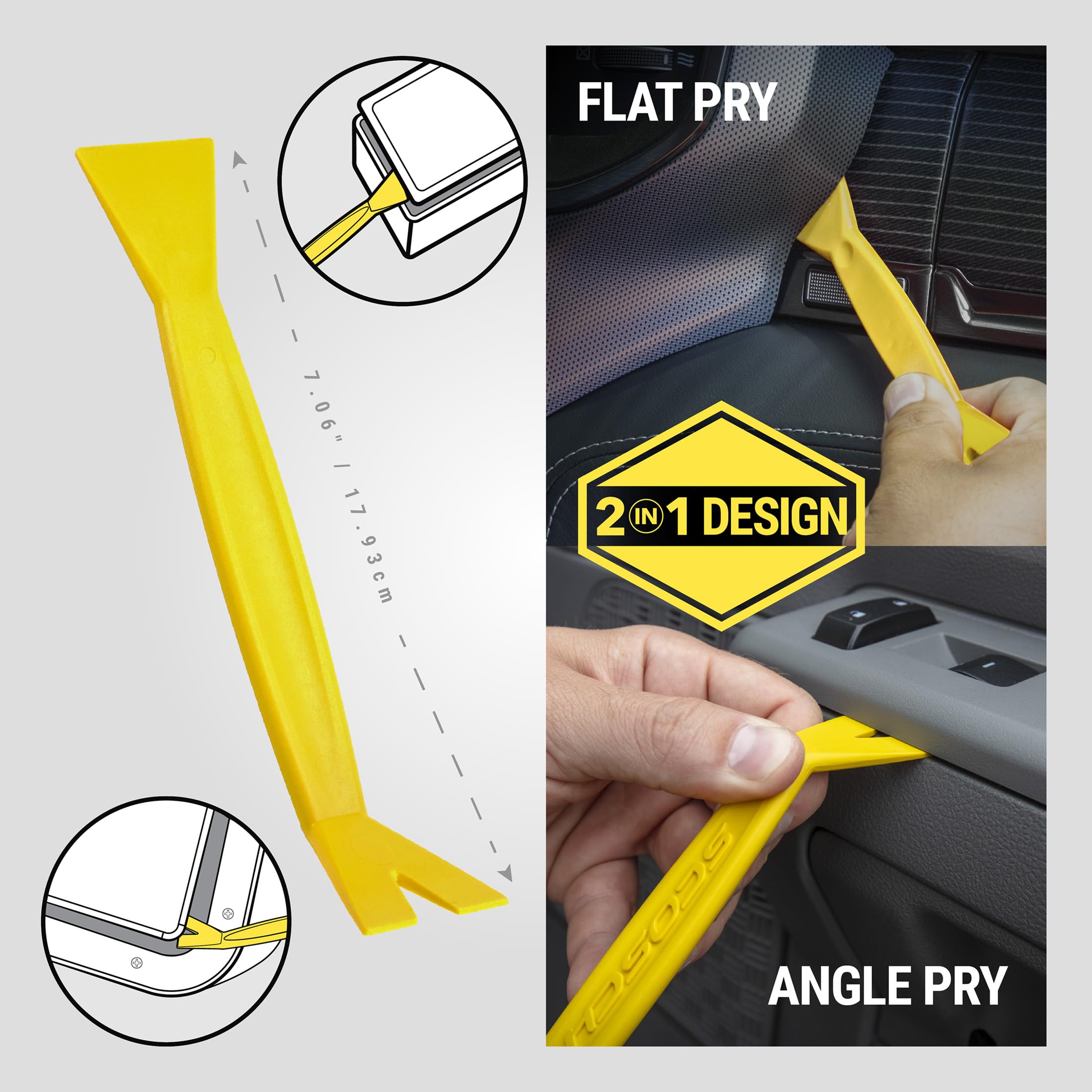 Scosche PRT3MX Auto Trim Removal Tool Kit - 3-Piece No Scratch Plastic Pry Set for Car Door Panels, Dashboard & Interior Trim - Safe for Clips, Push Rivets & Moldings - Yellow Automotive Repair Tools (Perfect for DIY Car Maintenance & Professional Auto Detailing)