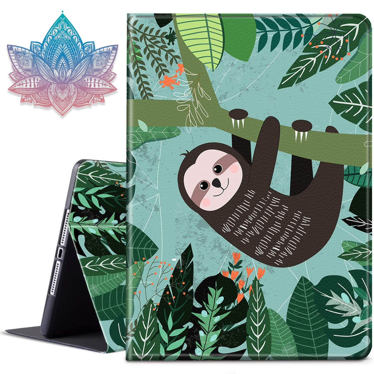 Premium PU Leather iPad Case for iPad Air/Air 2 & iPad 5th/6th Gen (9.7 inch 2017/2018) - Slim Smart Cover with Auto Wake/Sleep, Adjustable Stand & Free Boho Flower Stickers - Cute Sloth Design for Work, School & Travel