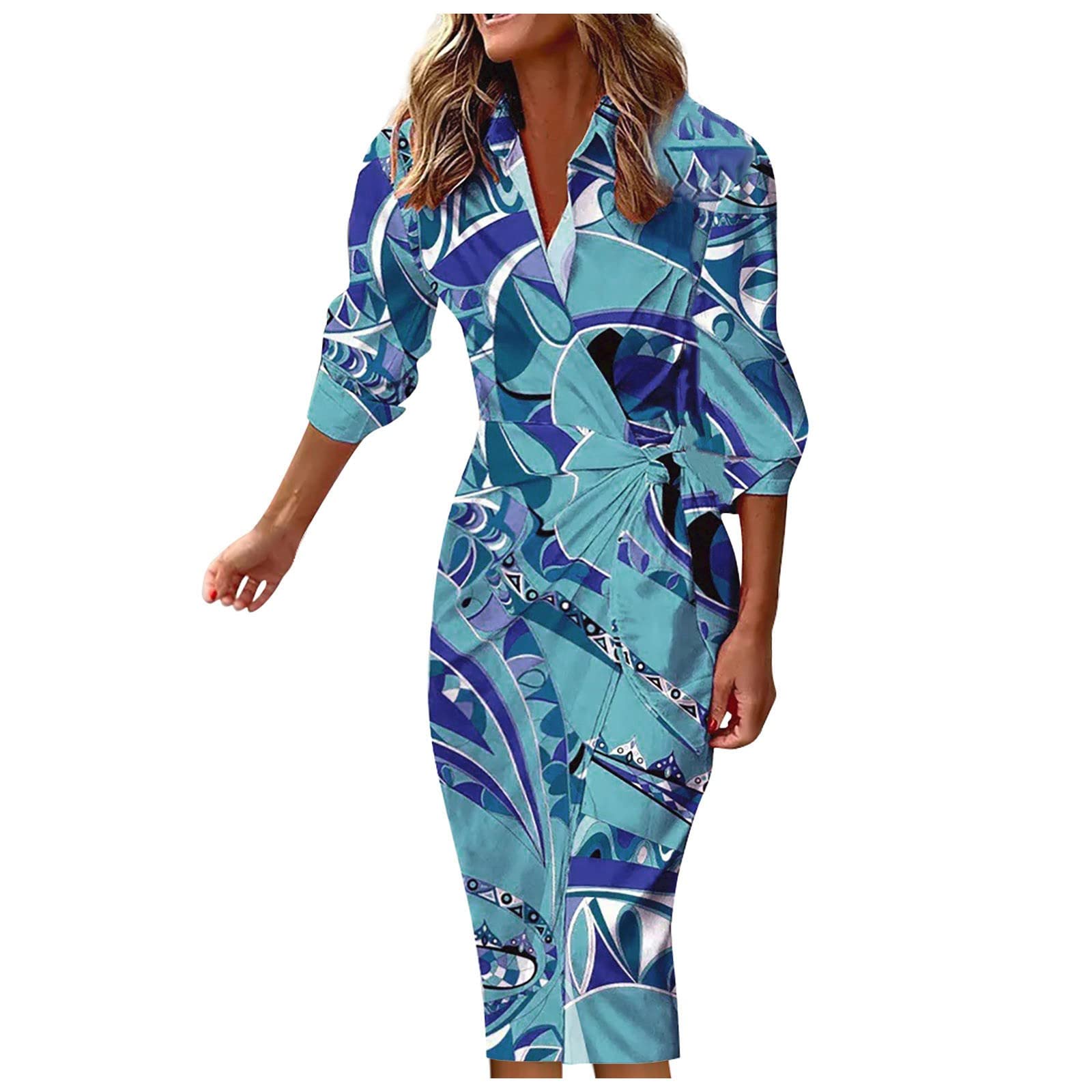 Mebamook Women's Printed Striped Sporty Dress with Shirt Collar & Long Sleeves - Tie Waist One Piece Midi Dress for Casual Wear, Office & Spring Outfits