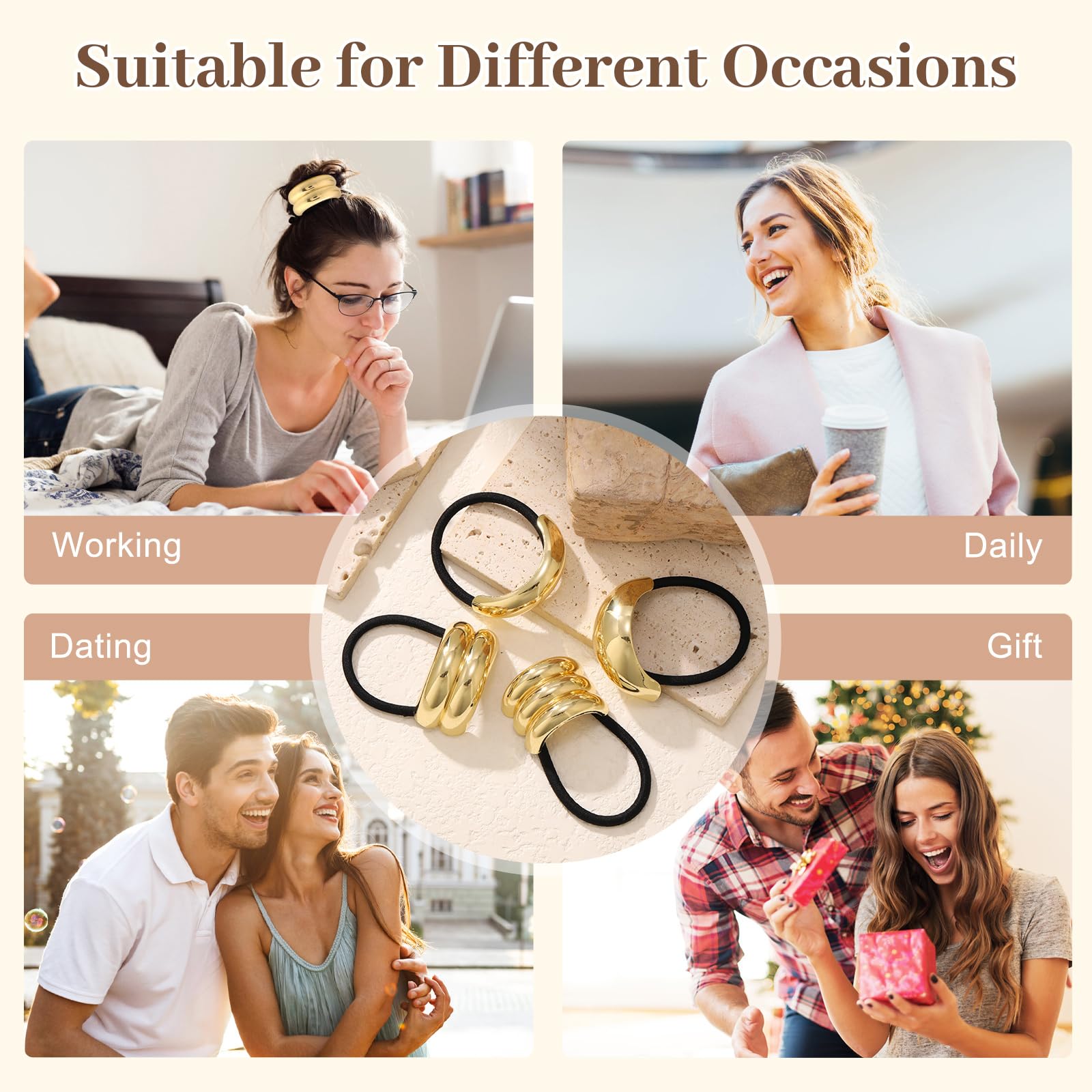 4PCS Gold Metal Hair Ties for Thick Hair - No Damage Geometric Hair Accessories for Women, Elastic Ponytail Holders - Perfect for Holiday Gifts, Parties, Weddings & Everyday Styling