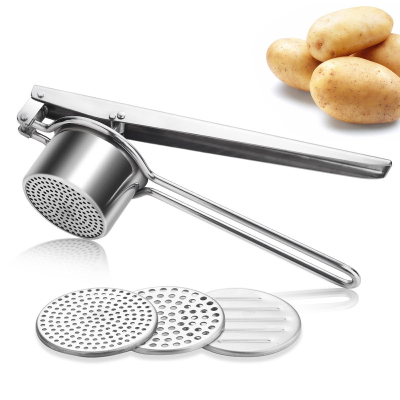 Premium Stainless Steel Potato Ricer & Masher - 3 Interchangeable Discs for Smooth Mashed Potatoes, Spaetzle, Baby Food - Heavy Duty Kitchen Gadget for Perfect Puree & Dough - Ideal for Home Cooking, Restaurants & Meal Prep