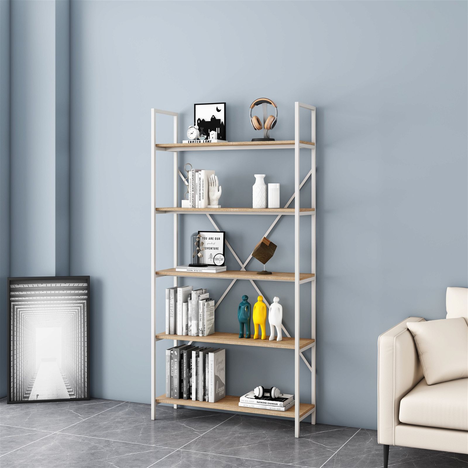 Workzone ASPECT 1800 Oak Bookcase - Modern Wood Bookshelf for Living Room, Office & Library Storage - Sturdy Book Organizer with 5 Shelves for Home Decor