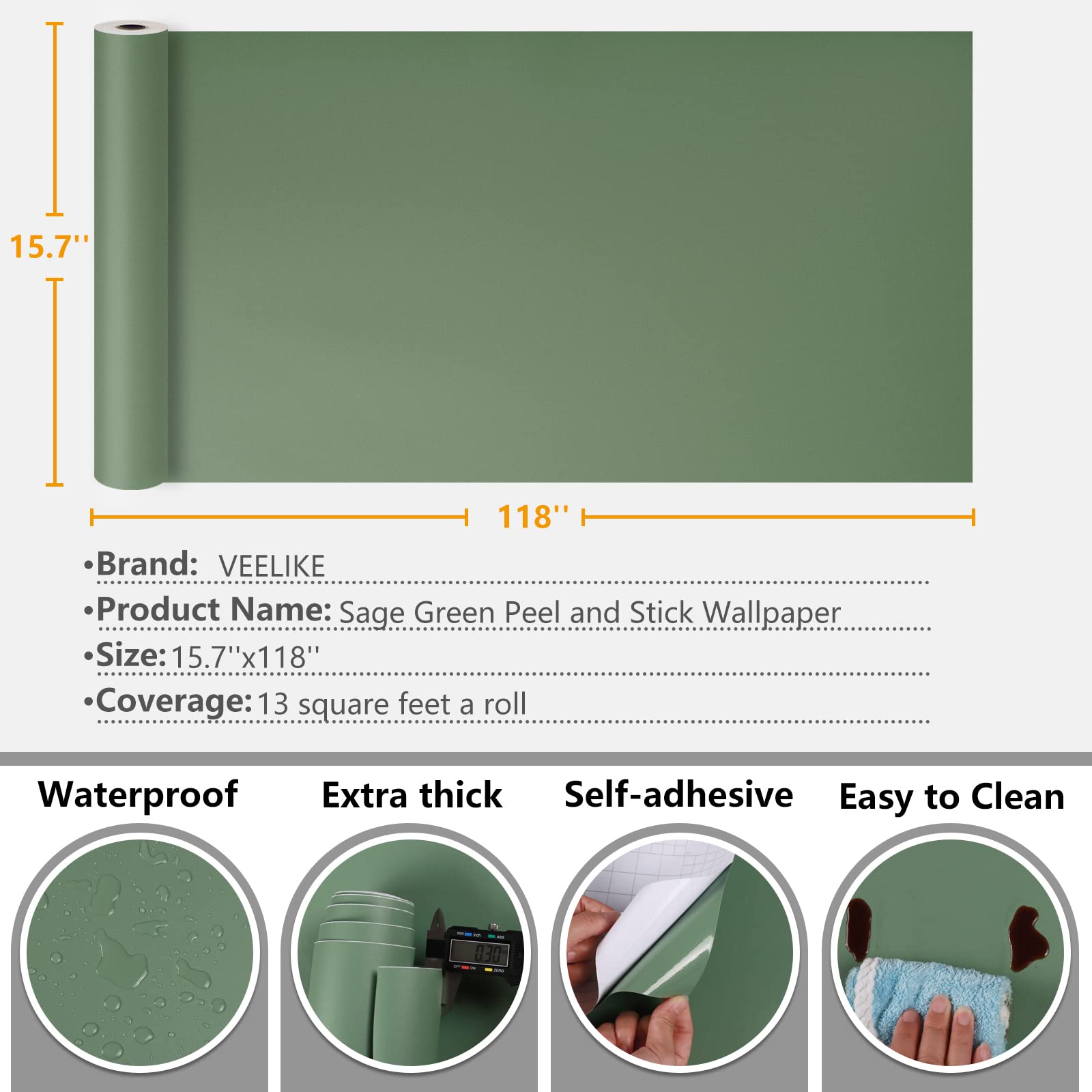 VEELIKE 15.7''x118'' Thick Sage Green Peel and Stick Wallpaper - Waterproof Self-Adhesive Vinyl Contact Paper for Cabinets, Walls, Kitchen Countertops | Perfect for Bedroom, Bathroom & Home Decor Renovation