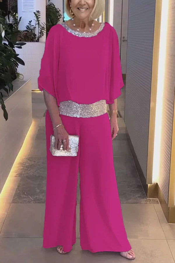 Trendy Sequin Patchwork Dolman Sleeve Blouse & Stretchy Waist Wide Leg Pants Set for Women | Party Outfit, Club Wear, Evening Attire, Special Occasion Fashion