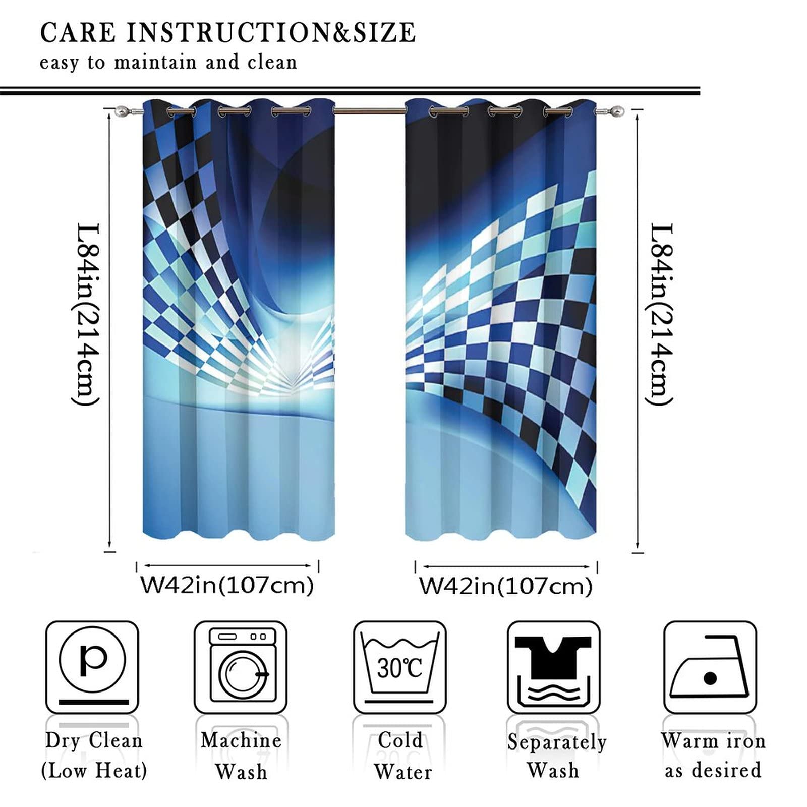 Race Car Flag Blackout Curtains - Thermal Insulated Noise Reducing Light Blocking Drapes, Abstract Blue Black White Checkered Design, 84