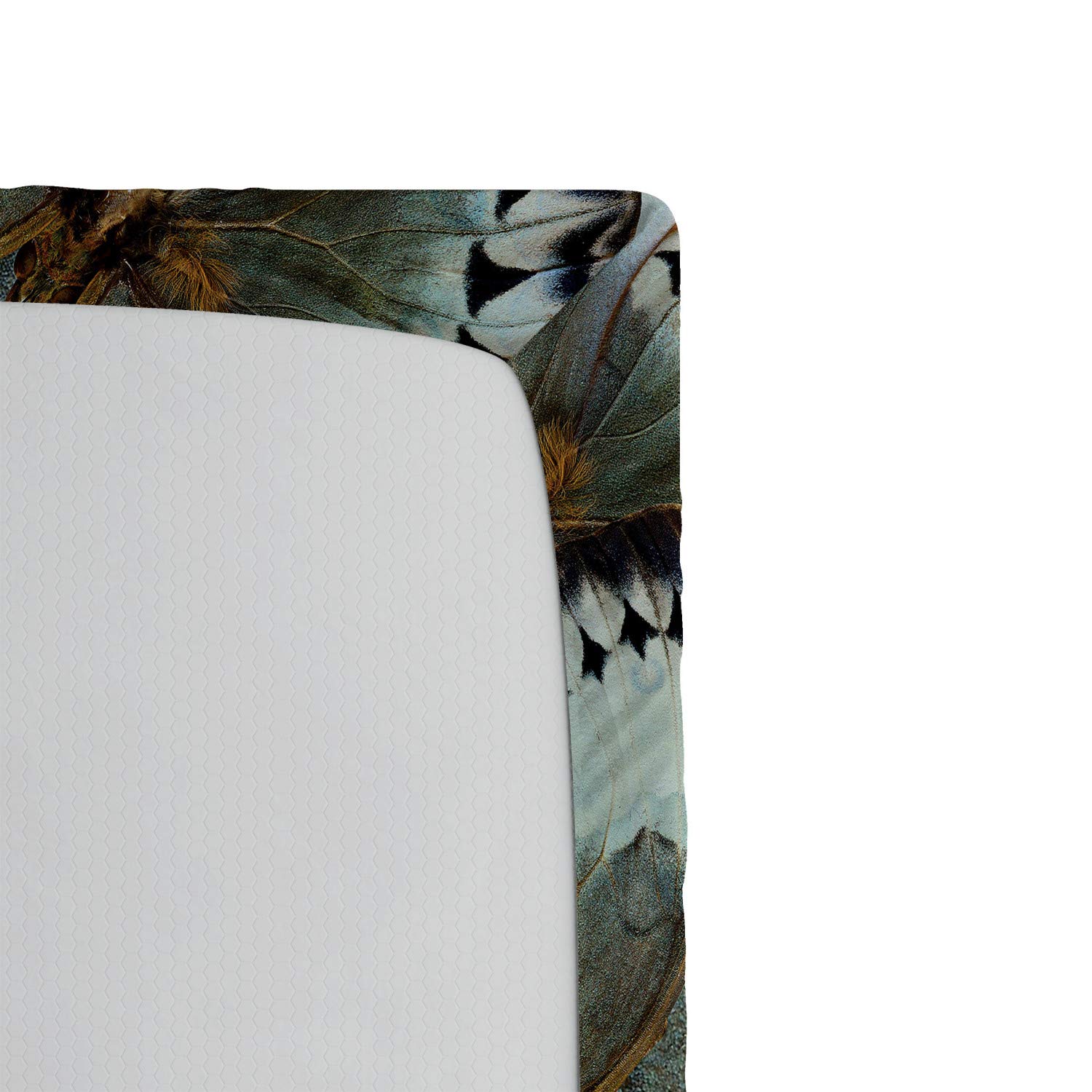 Ambesonne Exotic Queen Size Fitted Sheet - Butterfly Jungle & Moth Transformation Print, Deep Pocket Elastic Bed Cover in Almond Green Black | Nature-Inspired Bedding for Tropical & Bohemian Bedroom Decor