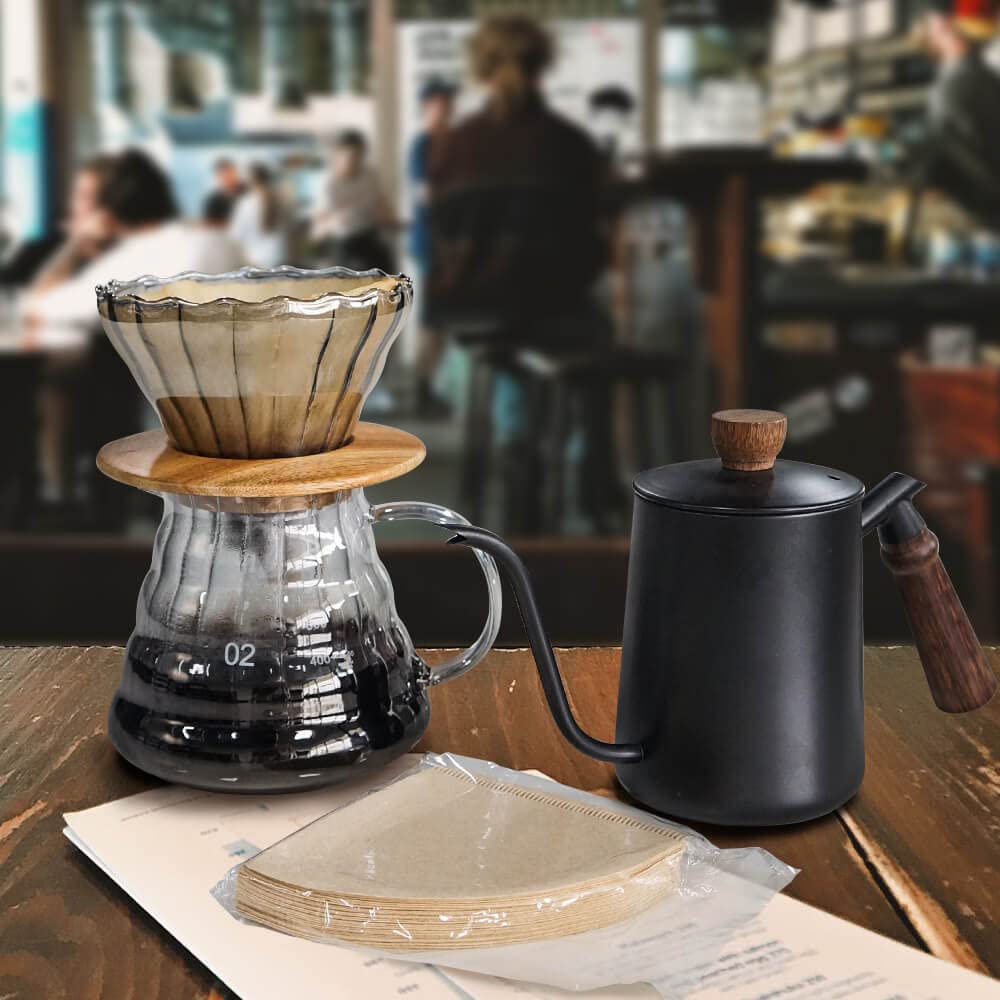 Premium Pour Over Coffee Maker Set - Stainless Steel Gooseneck Kettle, Wooden Stand, Glass Carafe & Reusable Filters - Perfect for Home Brewing, Office Use & Camping Coffee Making
