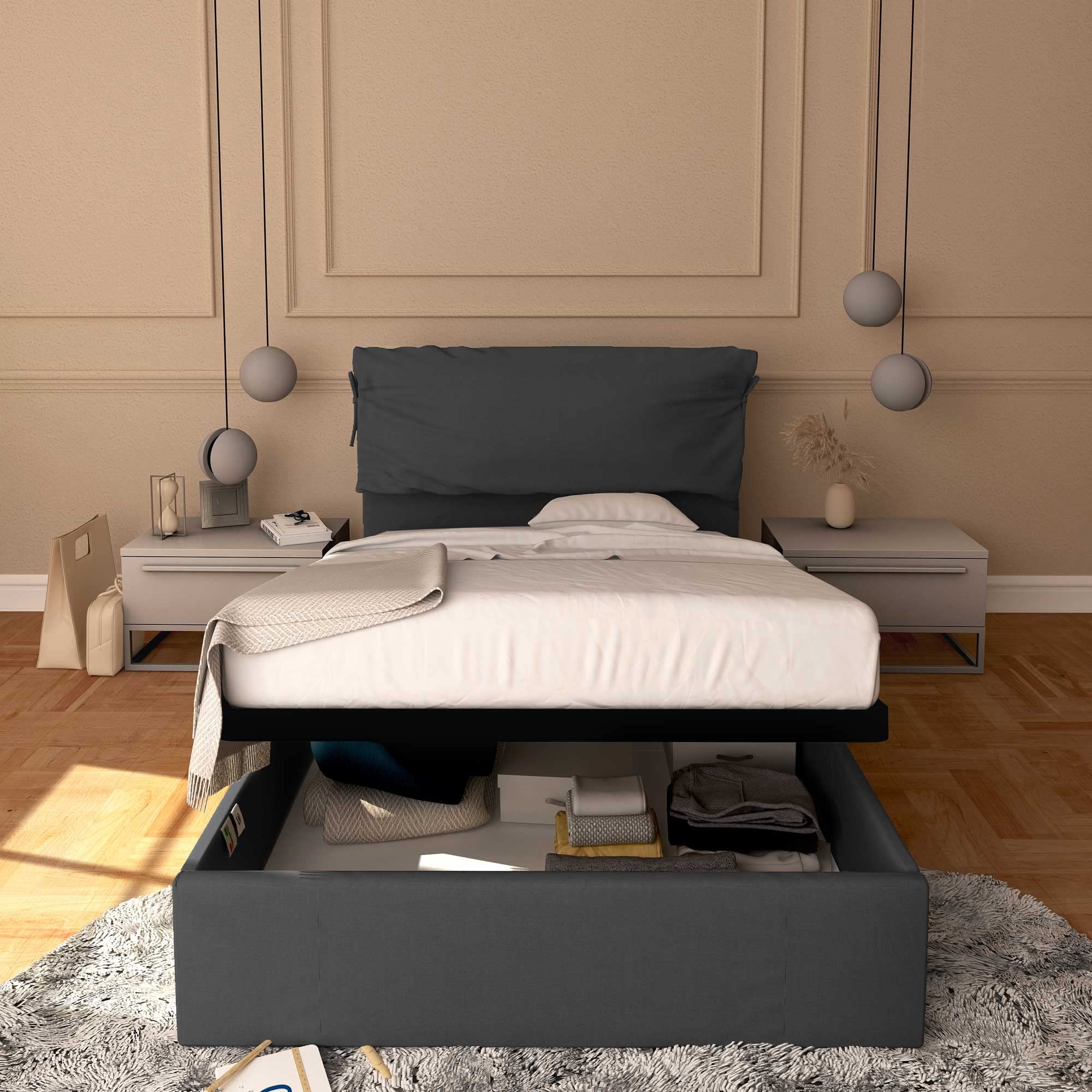 Baldiflex Single Bed with Storage - Licia Soft Synthetic Leather, Slatted Base for Single Mattresses, 120 x 200 cm, Padded Headboard, Dark Gray - Perfect for Small Bedrooms, Guest Rooms & Studio Apartments