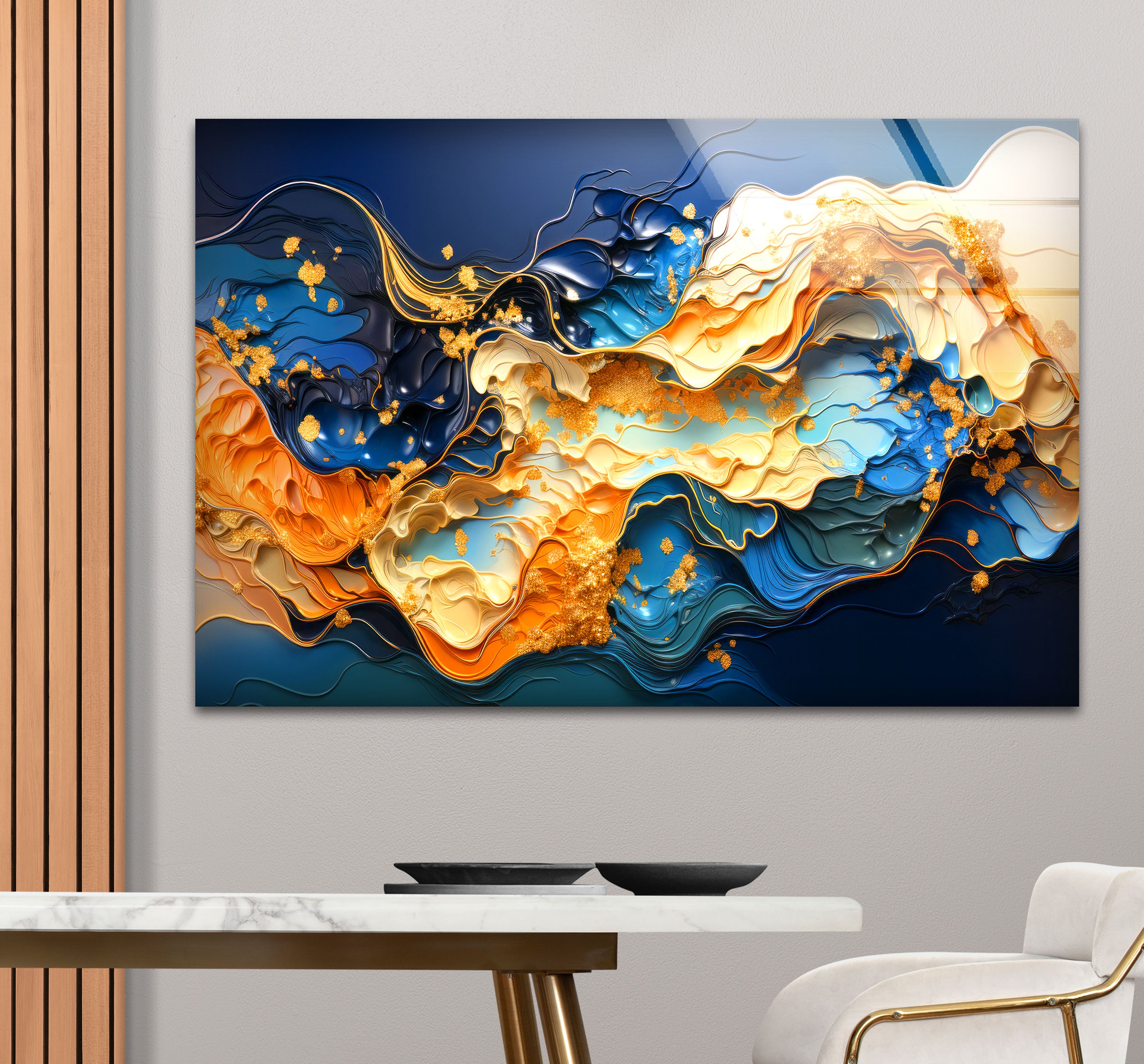 Blue Gold Abstract Wave Wall Art - Modern Fluid Glass Print for Home & Office Decor | Elegant Interior Design for Living Room, Bedroom & Office Spaces