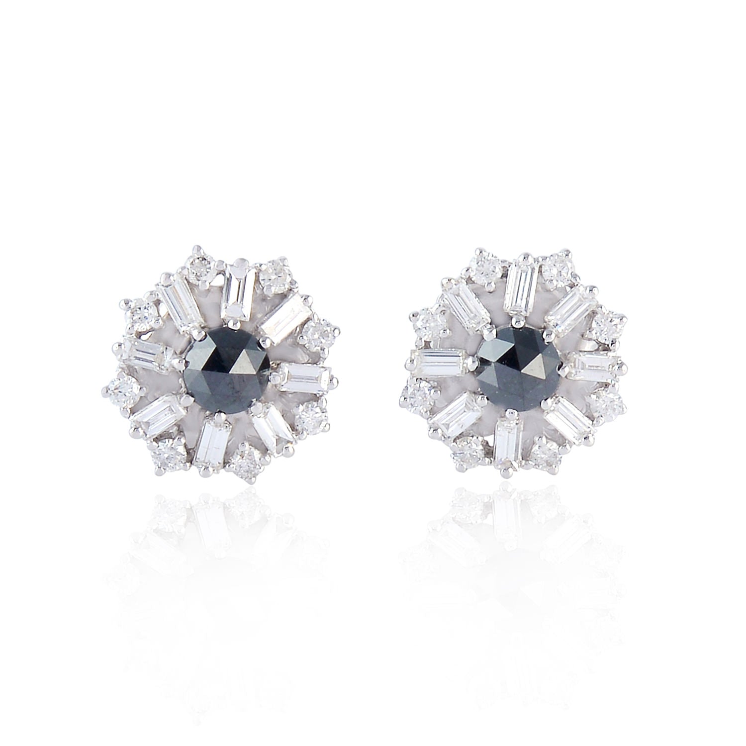 18K White Gold Faceted Black Diamond Baguette Daisy Stud Earrings - Elegant Jewelry for Women, Perfect for Weddings, Parties & Special Occasions