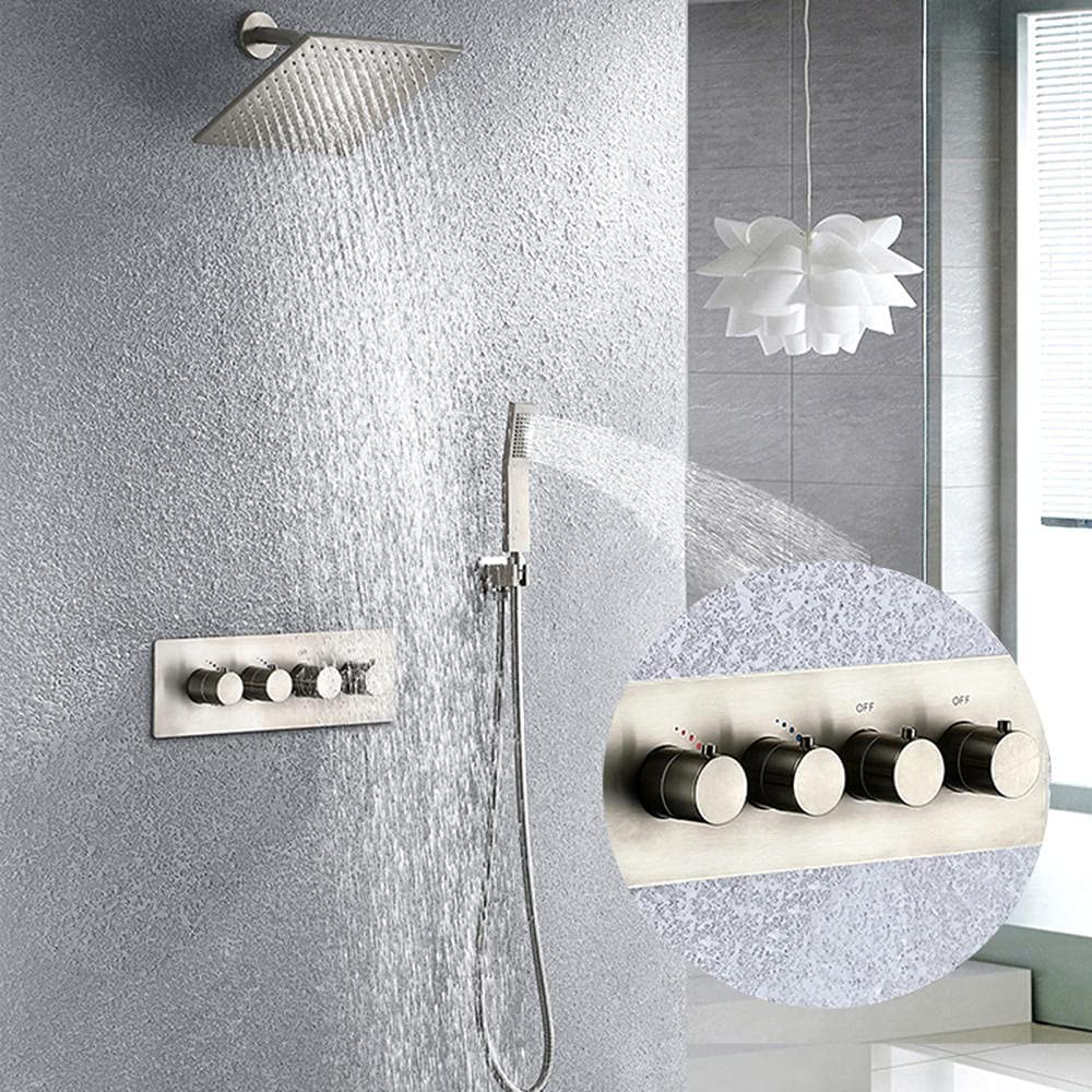 Premium Brushed Square Concealed Shower Tap System Set - 2 Function Bathroom Shower with 8 Inch Rain Shower Head - Ideal for Modern Bathroom Renovation and Luxury Spa Experience
