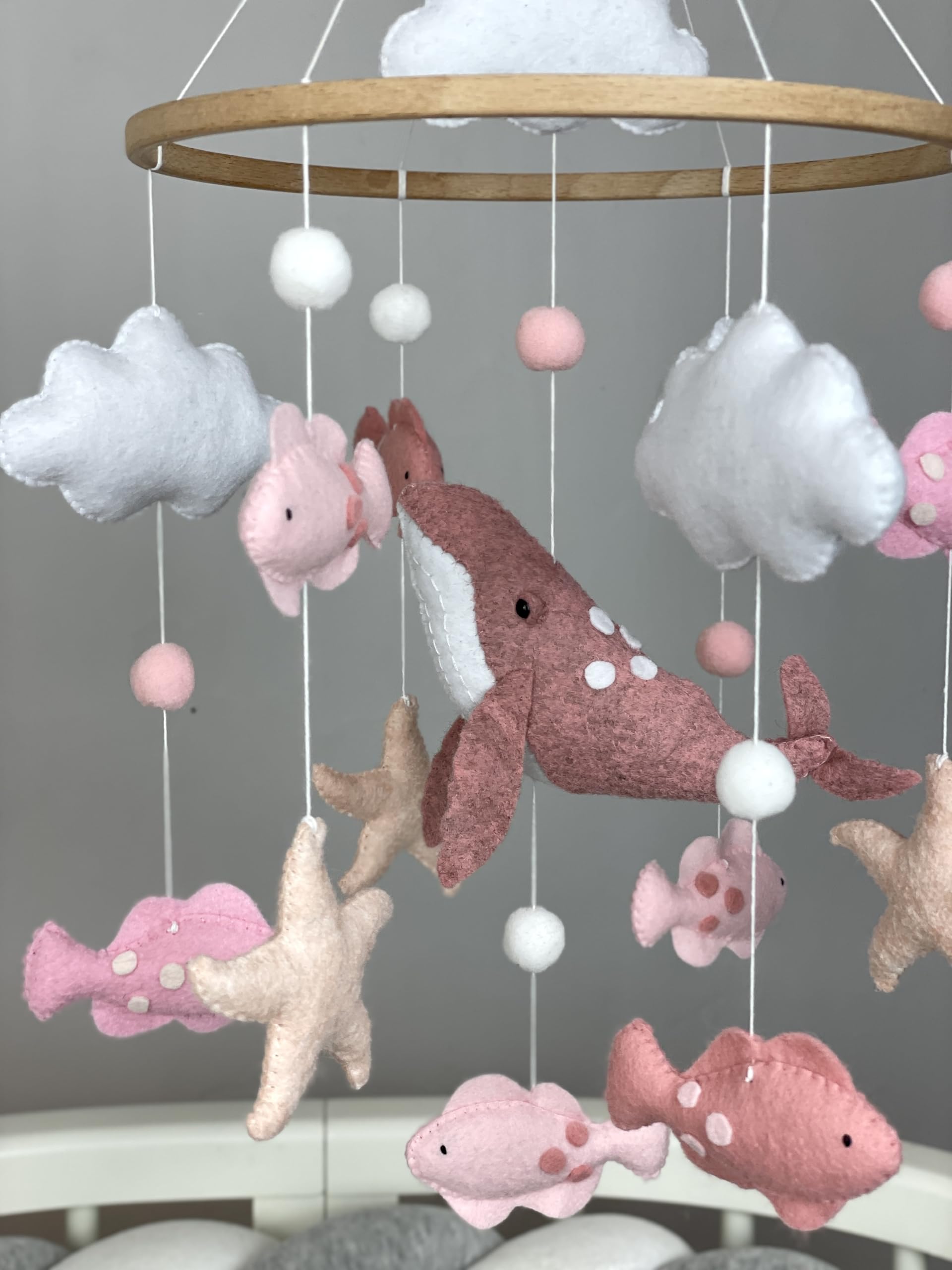 **Whale & Fish Baby Crib Mobile - Pink Ocean Nursery Decor with Felt Sea Animals, Perfect Baby Shower Gift for Girls | Newborn Nursery, Baby Room, Coastal Theme Decor**