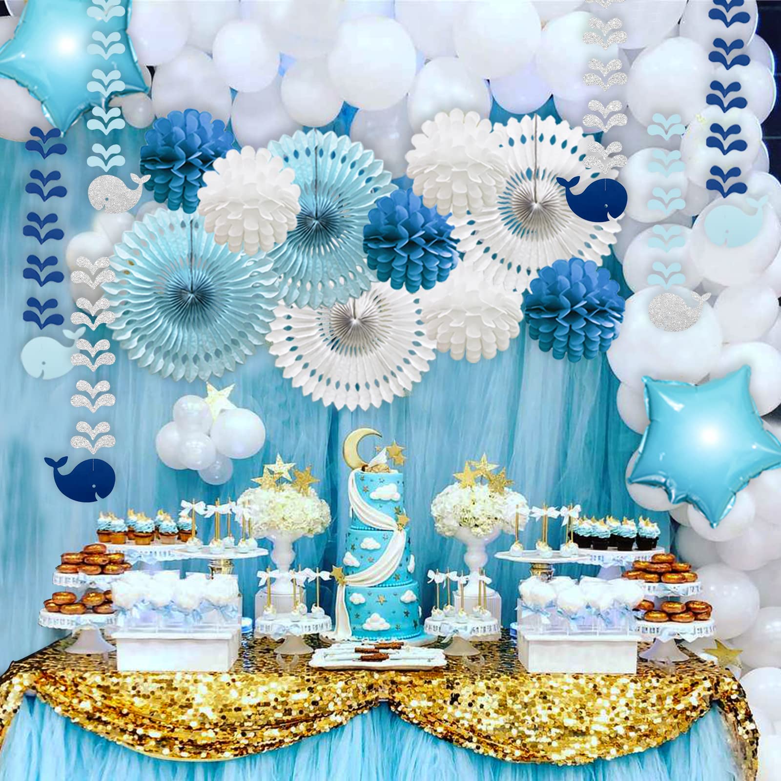 Blue Whale Baby Shower Decorations Set for Boys - It's A Boy Banner, Hanging Whale Banners, Paper Fans, Pom Poms & Star Foil Balloons | Ocean Theme Nursery & Birthday Party Decor