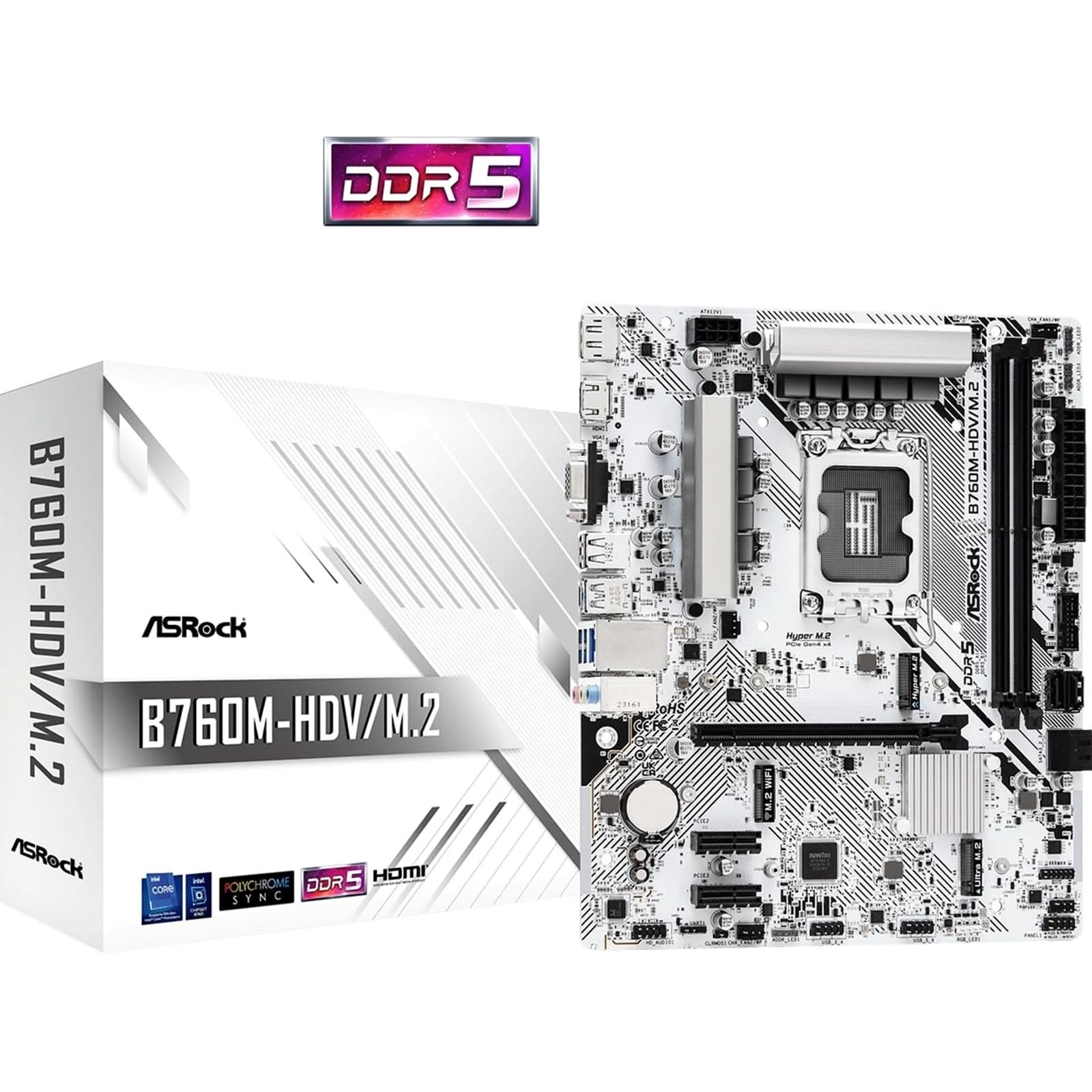 ASRock B760M HDV/M.2 Micro ATX Motherboard for Intel 12th/13th Gen CPUs - LGA 1700 Socket, DDR4, PCIe 4.0, M.2 SSD Support - Perfect for Gaming PC, Home Office & Content Creation Workstations