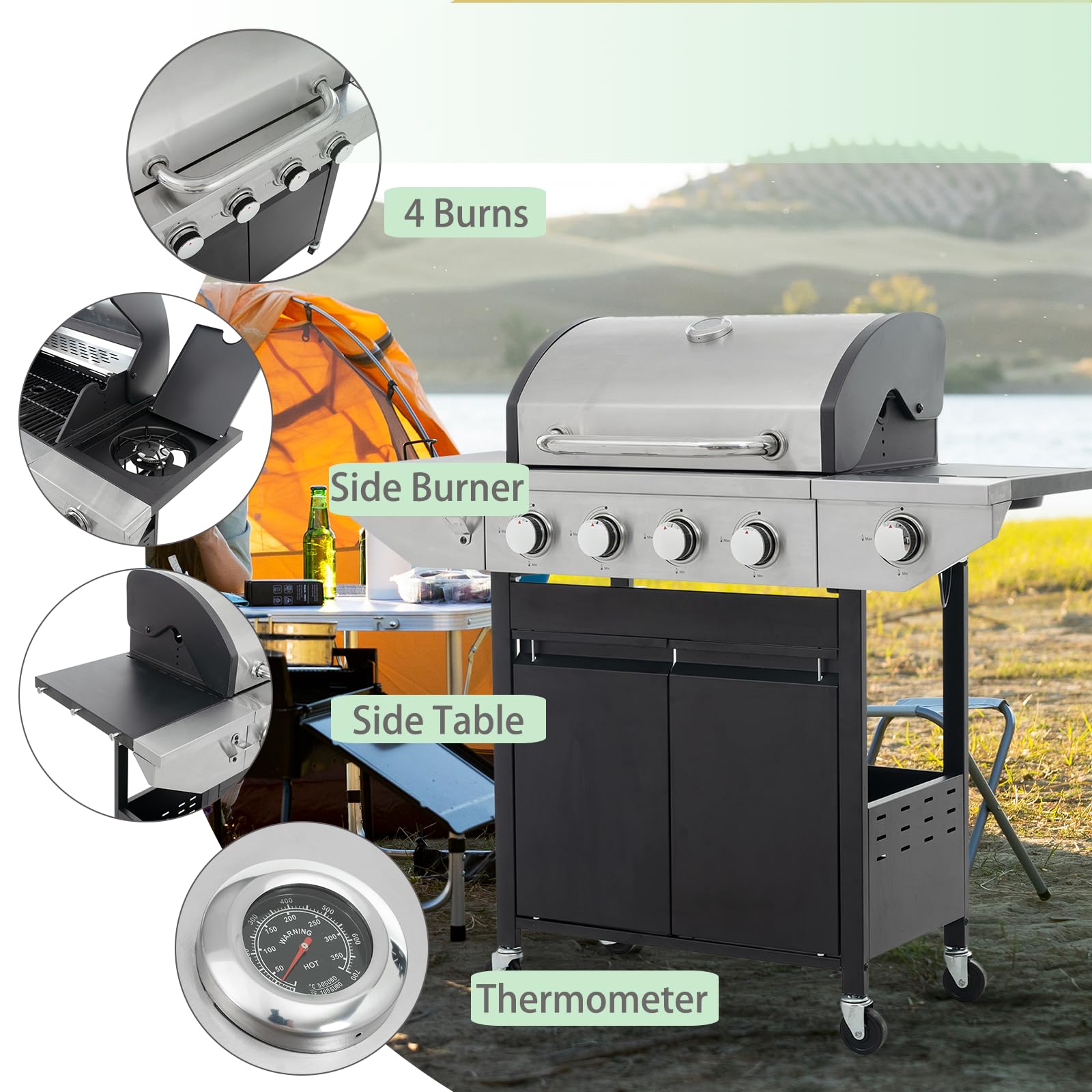 4 Burner Outdoor Propane Gas Grill with Side Burner & Built-in Thermometer - Stainless Steel BBQ Grill with Wheels for Backyard, Patio, Camping & Tailgating - Perfect for Family Gatherings, Outdoor Cooking & Grilling Parties