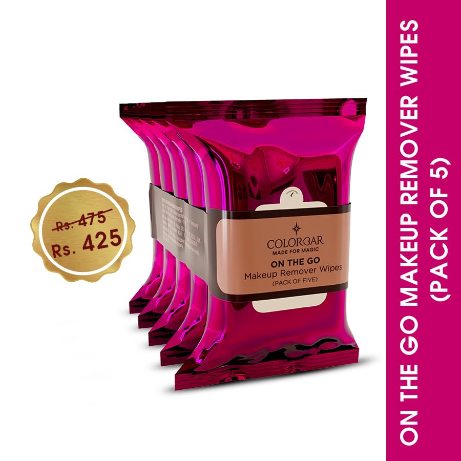 Colorbar On the Go Makeup Remover Wipes - 5 Pack | Gentle & Effective Cleansing for Face & Eyes | Perfect for Travel, Gym & Quick Refresh