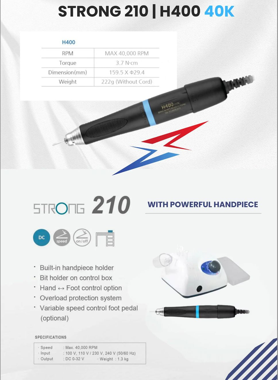 Saeshin Strong 210 + H400 Professional Nail Drill Set - 40,000 RPM High Speed Electric Nail File for Acrylic, Gel, & Natural Nails - Perfect for Salon & Home Manicure/Pedicure