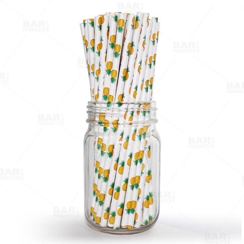 BarConic® Biodegradable Pineapple Pattern Paper Straws - 7 3/4 Inch Eco-Friendly Drinking Straws - 100 Pack for Parties, Summer Drinks & Tropical Themed Events