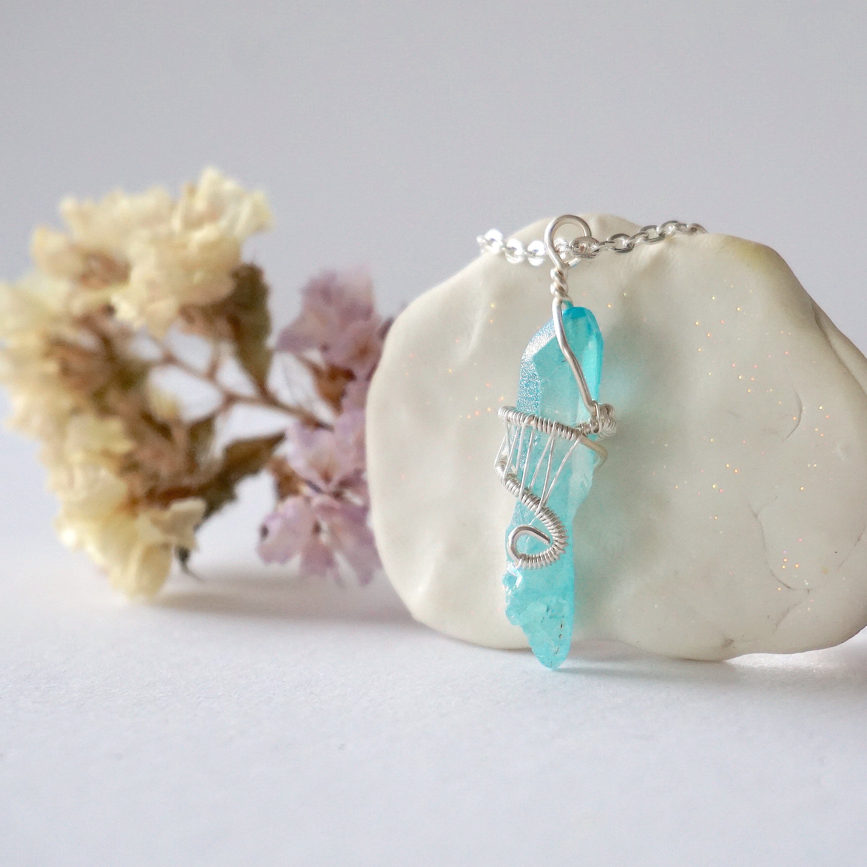 Aqua Aura Quartz Necklace - Silver Plated Crystal Point Charm Pendant for Women | Spiritual Healing, Meditation & Energy Jewelry Gift