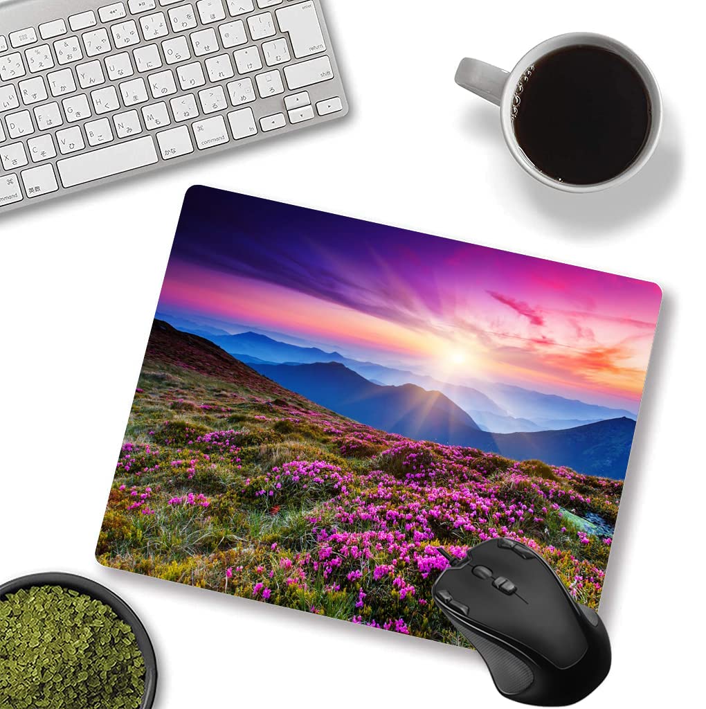 Custom Gaming Mouse Pad - Large Rectangular Non-Slip Rubber Base with Nature-Inspired Purple Flower Meadow Mountain Design | Perfect for PC, Laptop, Office & Gaming Setup