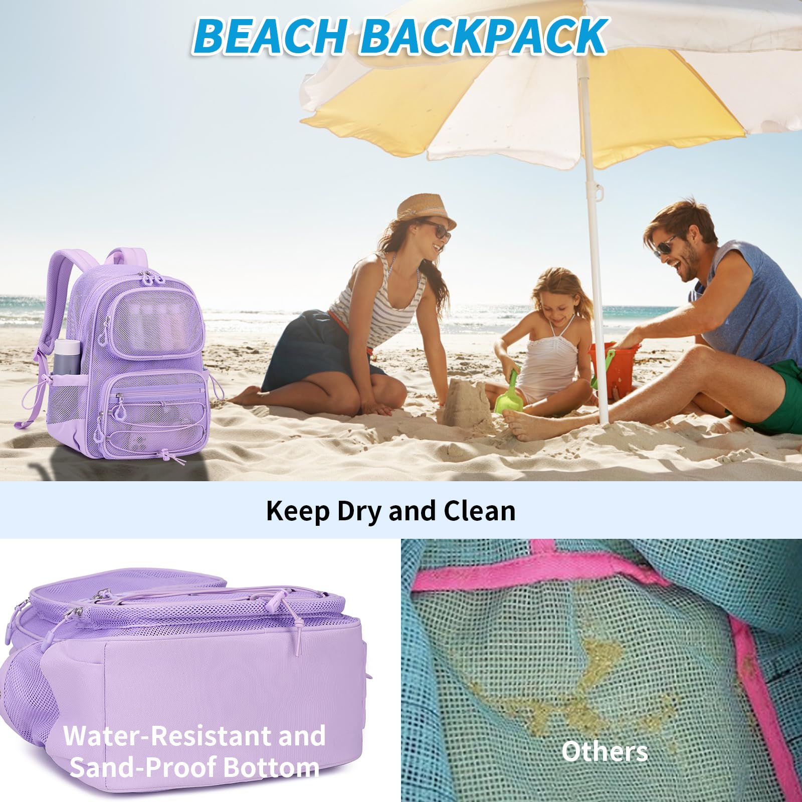 Breathable Mesh Backpack - Heavy Duty See Through Bookbag, Ultra Lightweight Transparent Net Backpack for School, Gym, Travel & Beach - Durable & Comfortable for Sports & Outdoor Activities - Purple