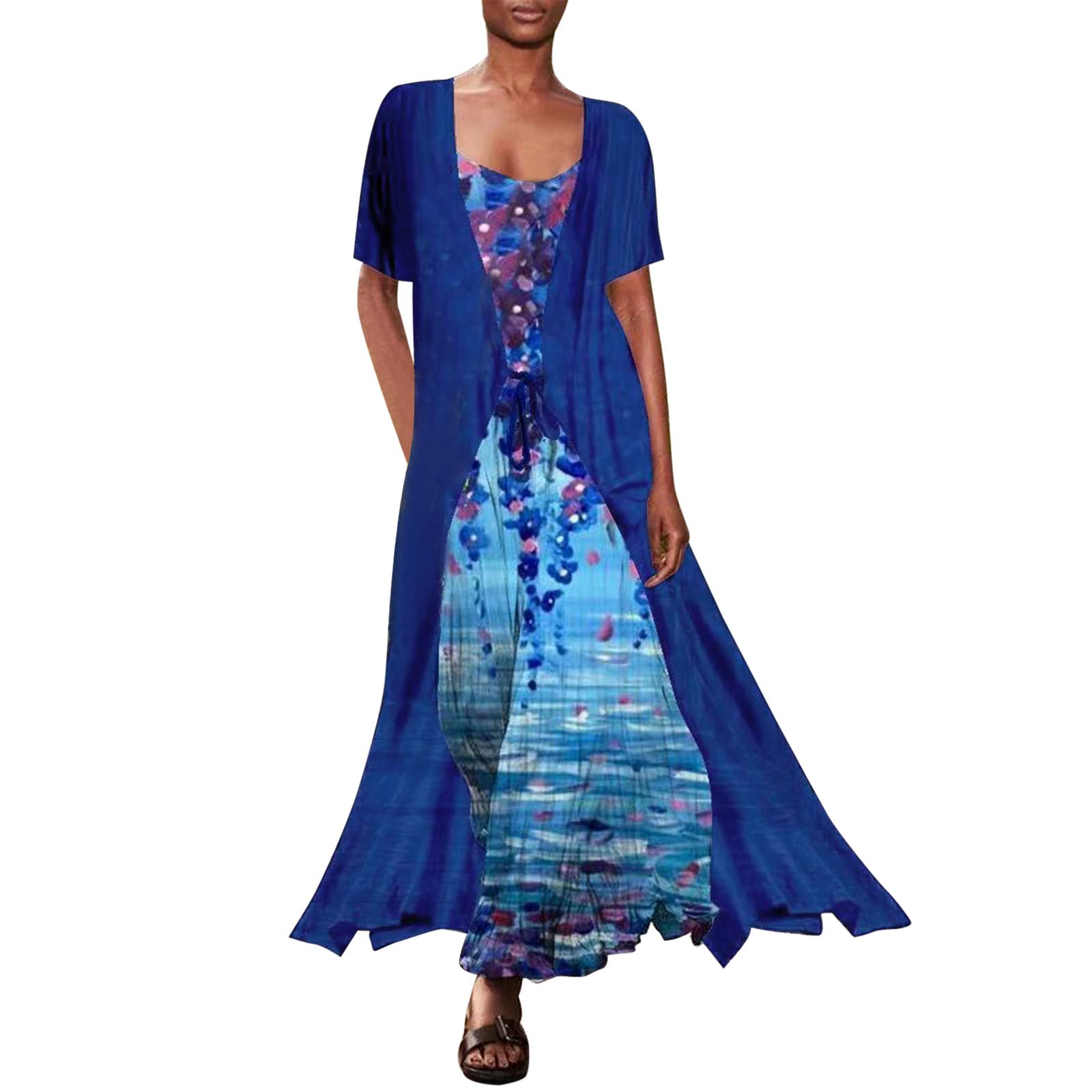 Women's Summer Casual Loose Print Dress with Sling & Belt - Round Neck Short Sleeve Tulle Cardigan Two-Piece Set | Perfect for Beach Vacations, Brunch Dates & Summer Parties