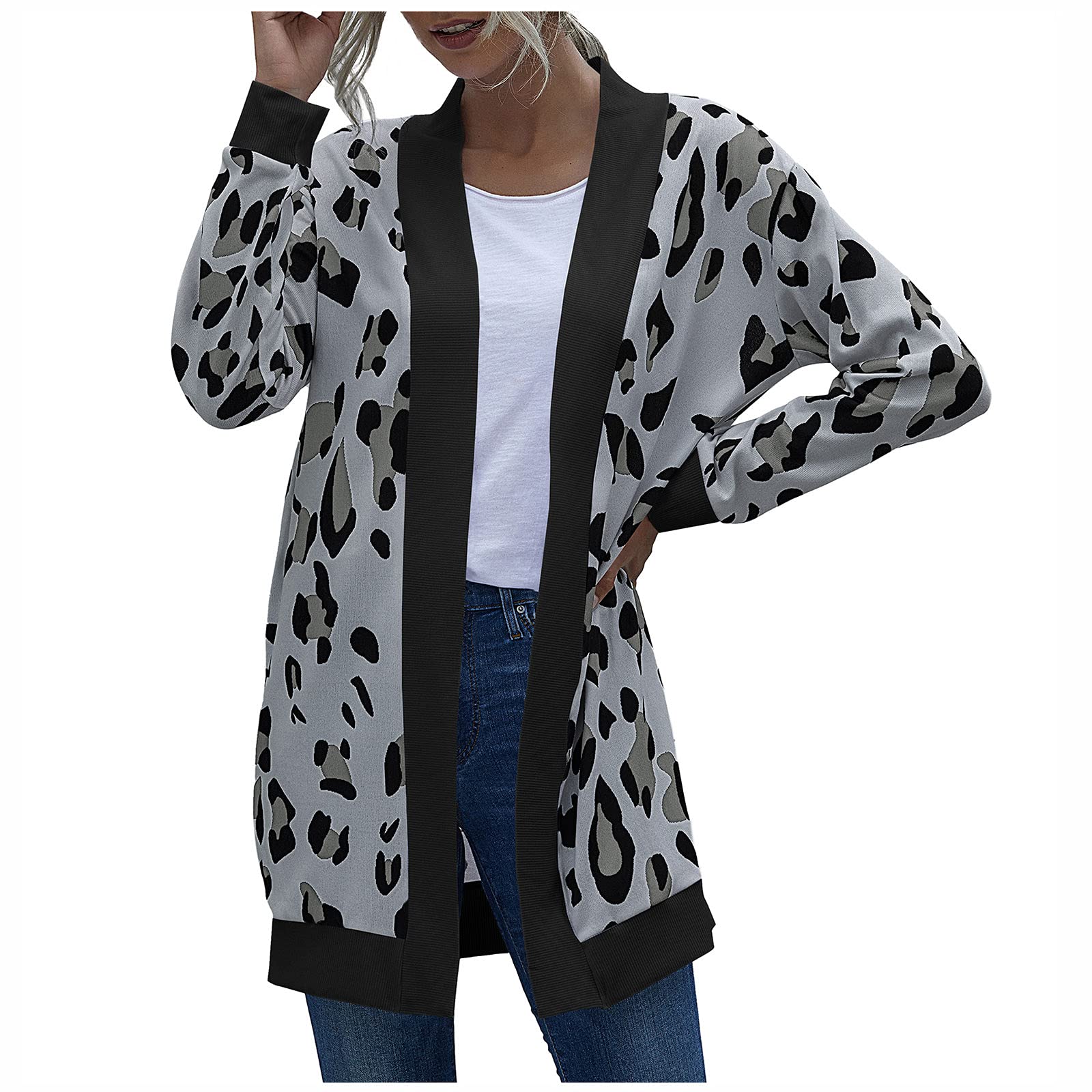 Women's Casual Long Sleeve Leopard Print Open Stitch Cardigan Sweater - Cozy Fall/Winter Knit Top for Layering, Office Wear & Outdoor Activities