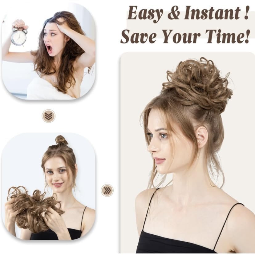 D-DIVINE Messy Bun Hair Piece & Scrunchies for Women - Curly Wavy Black Bun, Elegant Chignon Wedding Hairstyle Accessories - Perfect for Bridal, Prom, Party and Everyday Wear