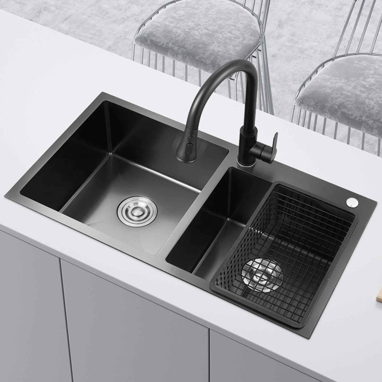 HomeLava 29-Inch Black Nano Double Bowl Undermount Kitchen Sink Set with Stainless Steel Drain, Soap Dispenser & Basket - Includes Black Titanium Faucet HM7541 for Modern Farmhouse & Industrial Style Kitchens