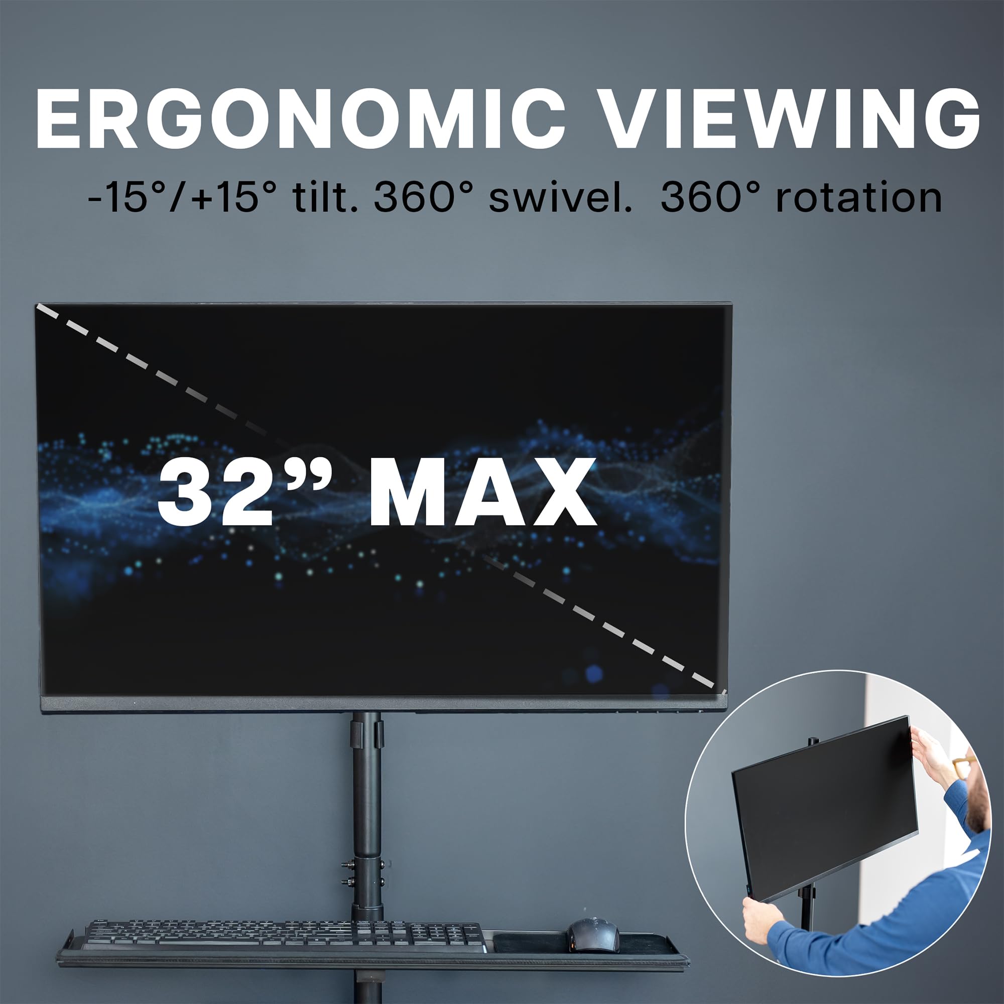 VIVO Mobile Computer Cart with Monitor Mount for up to 32” Screens, Rolling PC Desk Workstation with Full Keyboard Tray & Adjustable CPU Holder - Black (CART-PC02T) | Ideal for Office, Hospital, Classroom & Home Workspace Setup