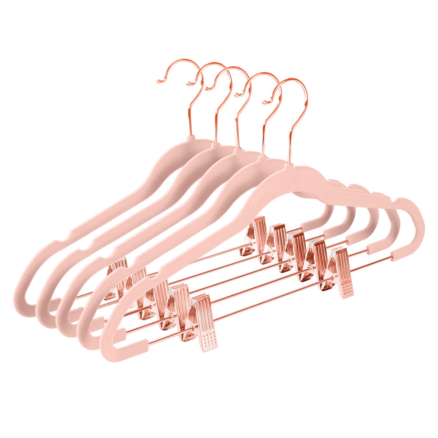 Premium Velvet Pants Hangers with Clips - Pack of 20 Non-Slip Slim Skirt & Dress Hangers - Blush Pink with Rose Gold Hooks - Space Saving Closet Organizer for Pants, Skirts, Dresses & Shirts - Perfect for Wardrobe Organization & Travel Packing