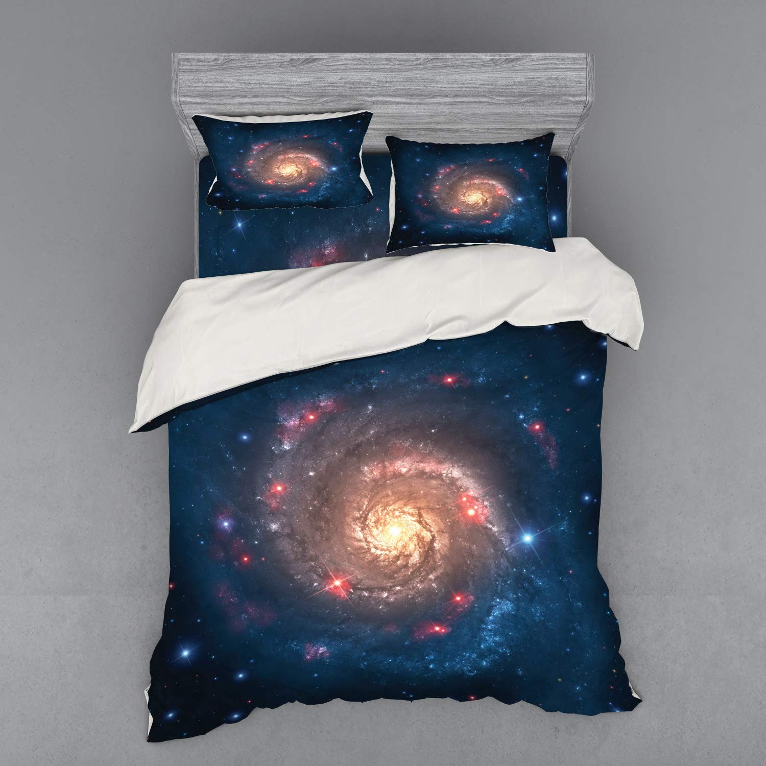 Ambesonne Outer Space Bedding Set - Mystical Spiral Galaxy Duvet Cover with Shams & Fitted Sheet, Queen Size, Petrol Blue Peach | 4-Piece Cosmic Themed Bed Set for Space Lovers | Perfect for Astronomy Enthusiasts & Sci-Fi Decor