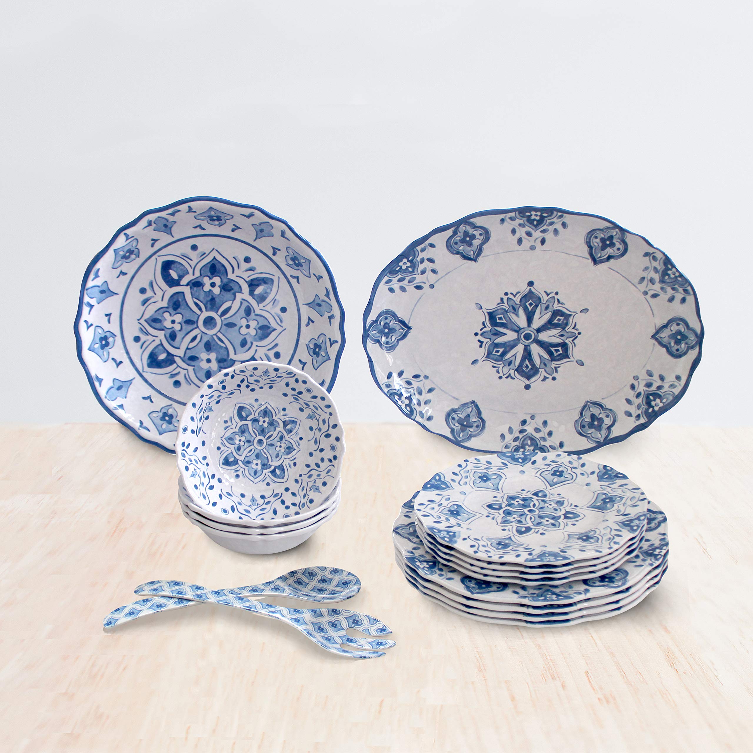 Le Cadeaux 16-Piece Luxury Melamine Dinnerware Set - Moroccan Blue, Shatterproof & Lightweight, Service for 4 - Perfect for Outdoor Dining, Picnics, and Everyday Use