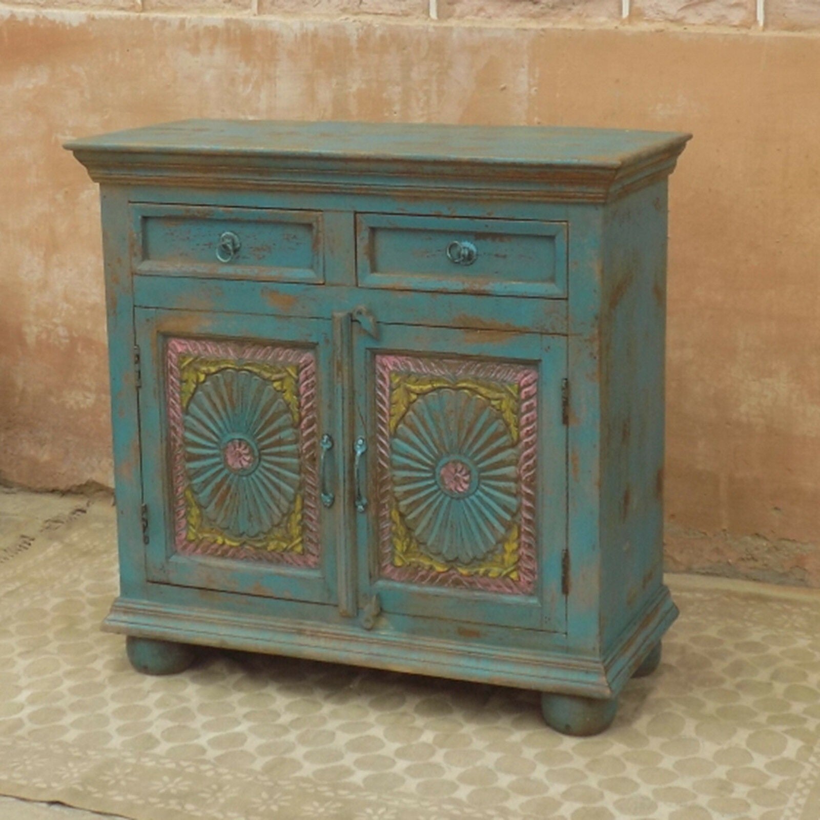 Hand Carved Solid Wood Sideboard - Rustic Blue 1M Wide Buffet Cabinet for Dining Room, Farmhouse Decor, Kitchen Storage & Entryway Furniture
