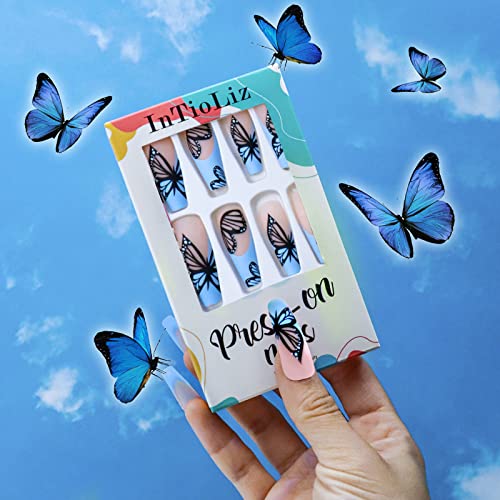 InTioLiz 24 Pcs Long Press on Nails - White & Blue Butterfly Design Acrylic Fake Nails with Glue | Reusable Full Cover Gel False Nails Tips for Women & Girls | Perfect for Parties, Weddings, and Special Occasions