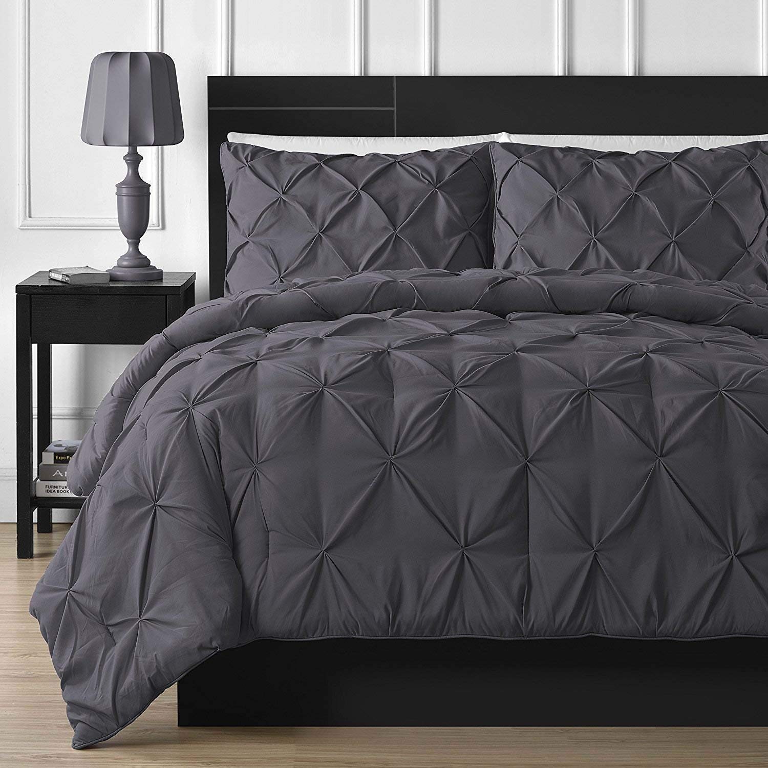 Luxury 5-Piece Pinch Pleated Duvet Cover Set - 100% Egyptian Cotton 800 Thread Count with Zipper Closure & Corner Ties - Tuffed Pattern Decorative Bedding (Dark Grey, California King/King Size) - Perfect for Master Bedroom, Guest Room & Hotel Decor