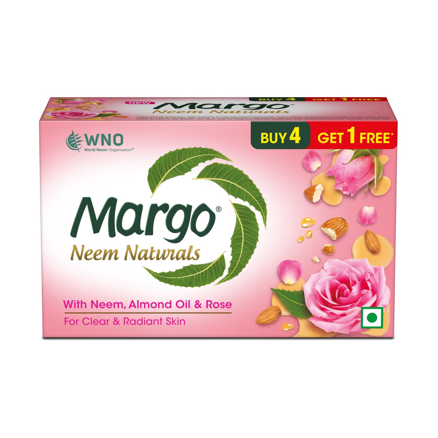 Margo Neem Naturals Soap with Almond Oil & Rose - 100% Natural Cleansing Bar for Clear, Radiant Skin - 5 Pack (100g Each) - Perfect for Daily Face & Body Wash, Acne Treatment & Sensitive Skin Care