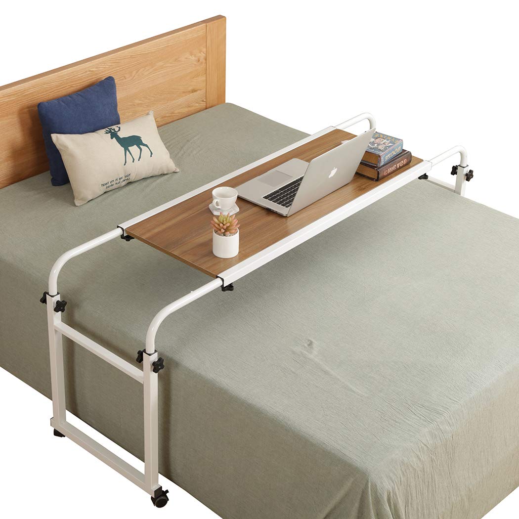 Adjustable Overbed Laptop Desk with Wheels - Rolling Bed Table for King/Queen Size Beds - Portable Workstation in Ancient Oak Finish - Perfect for Home Office, Hospital Use, and Bedside Computing