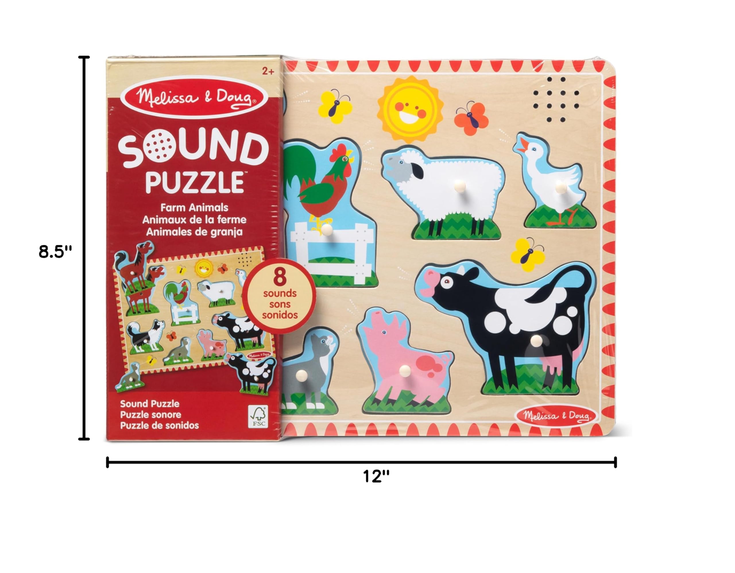 Melissa & Doug Farm Animals Sound Puzzle - Wooden Peg Puzzle with 8 Pieces & Realistic Animal Sounds - Educational Toddler Toy for Learning & Playtime Fun