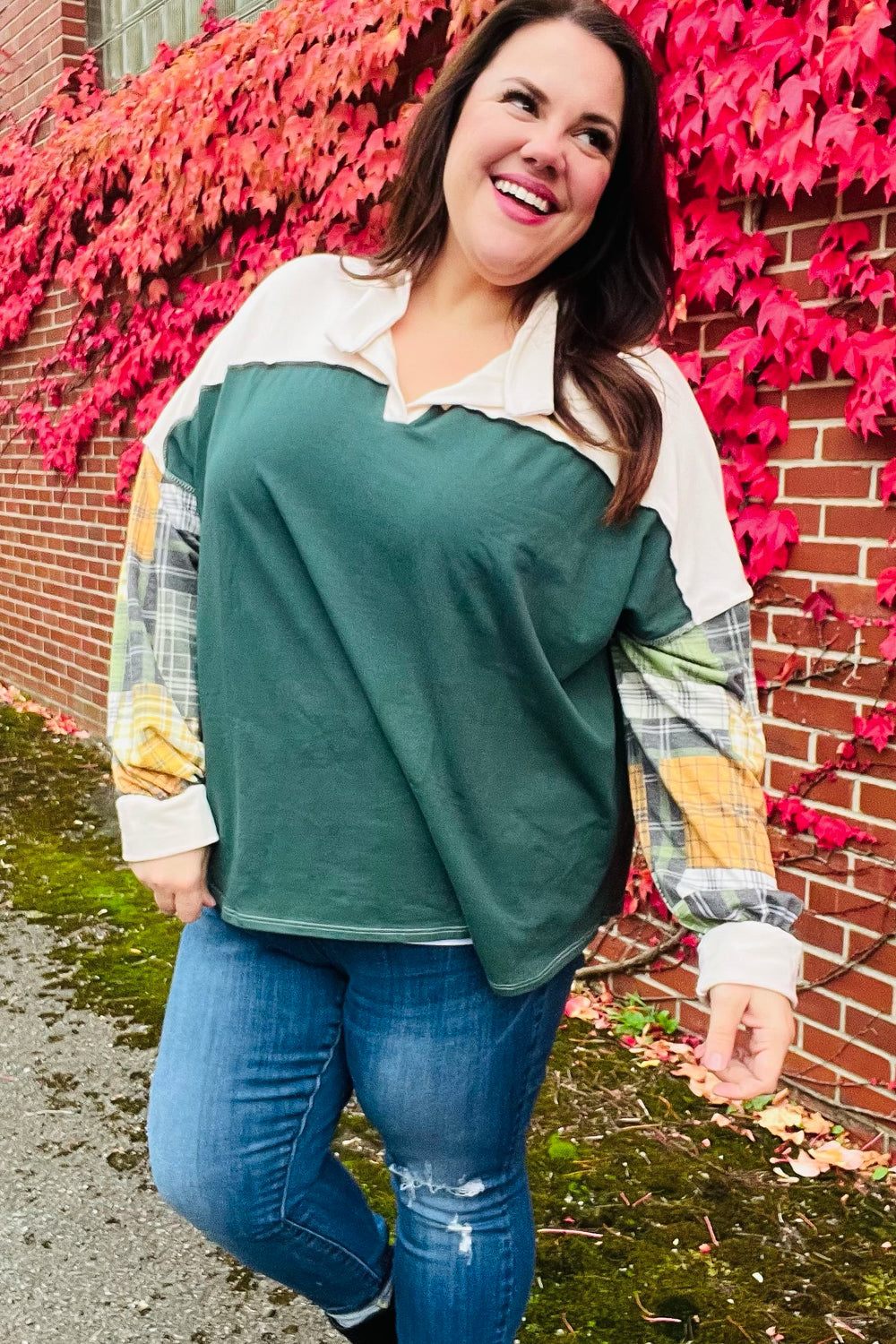 Fall For You Hunter Green Plaid Color Block Collared Terry Top - Women's Fashion Long Sleeve Shirt for Autumn Outfits, Casual Wear & Layering